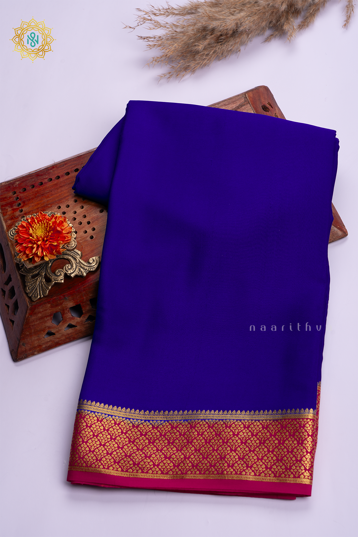 ROYAL BLUE WITH PINK - PURE MYSORE CREPE SILK