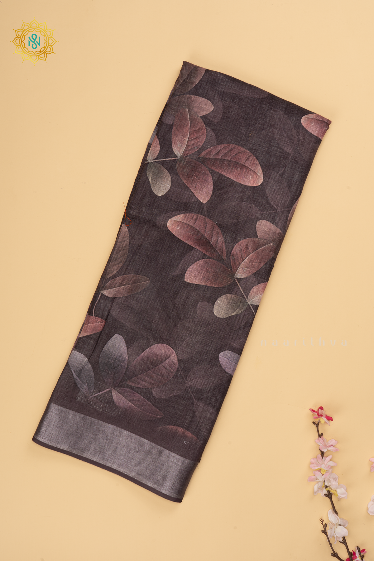 Black Linen By Cotton Saree With Floral Printed Body
