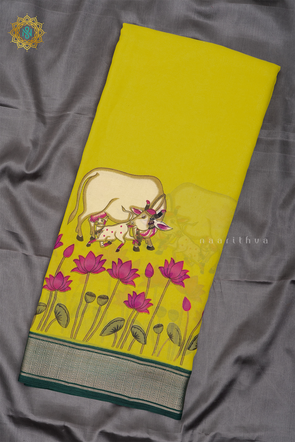 YELLOW WITH BOTTLE GREEN - SEMI GEORGETTE