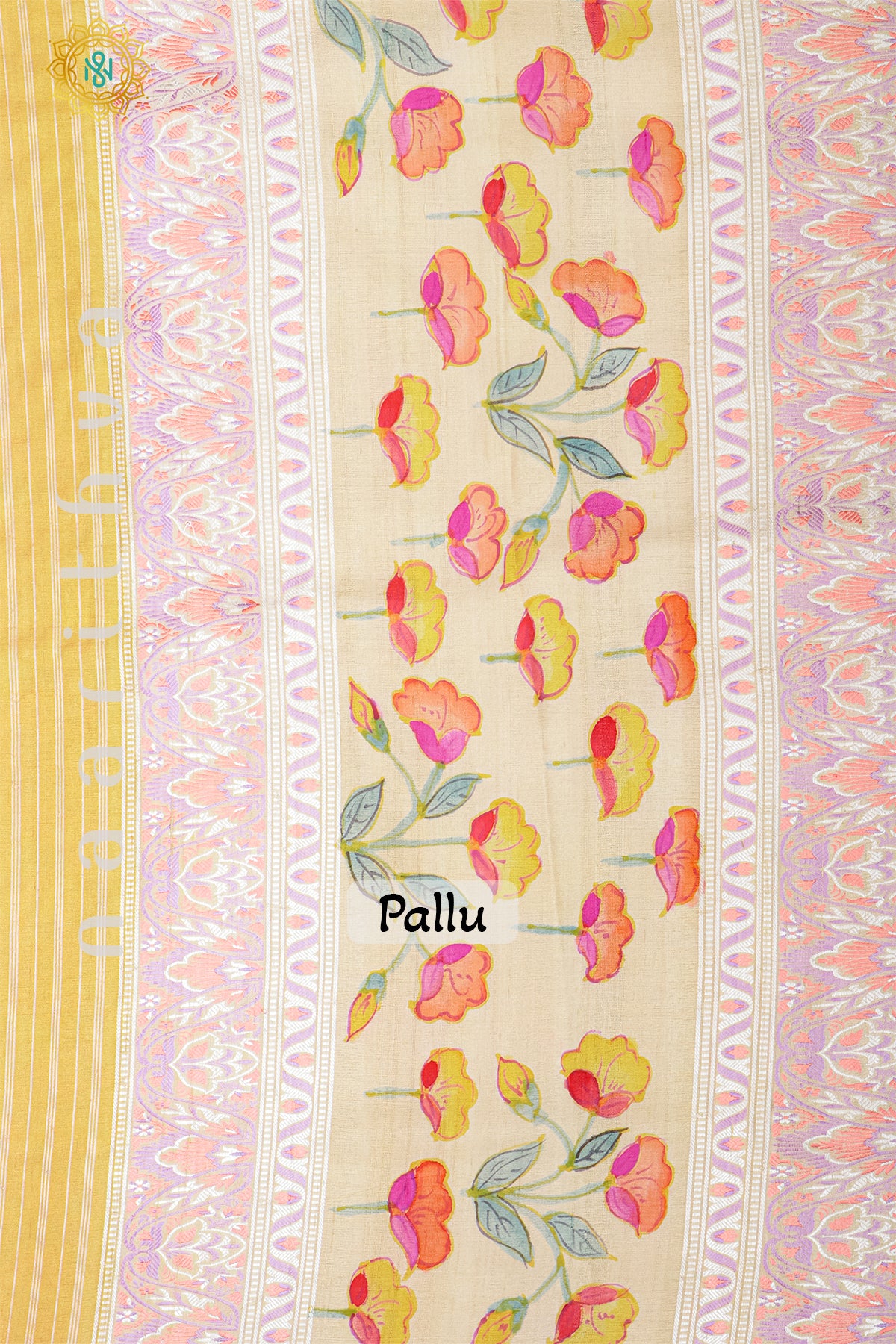 GREEN WITH OFF WHITE & YELLOW - PURE HAND PAINTED TUSSAR GEORGETTE