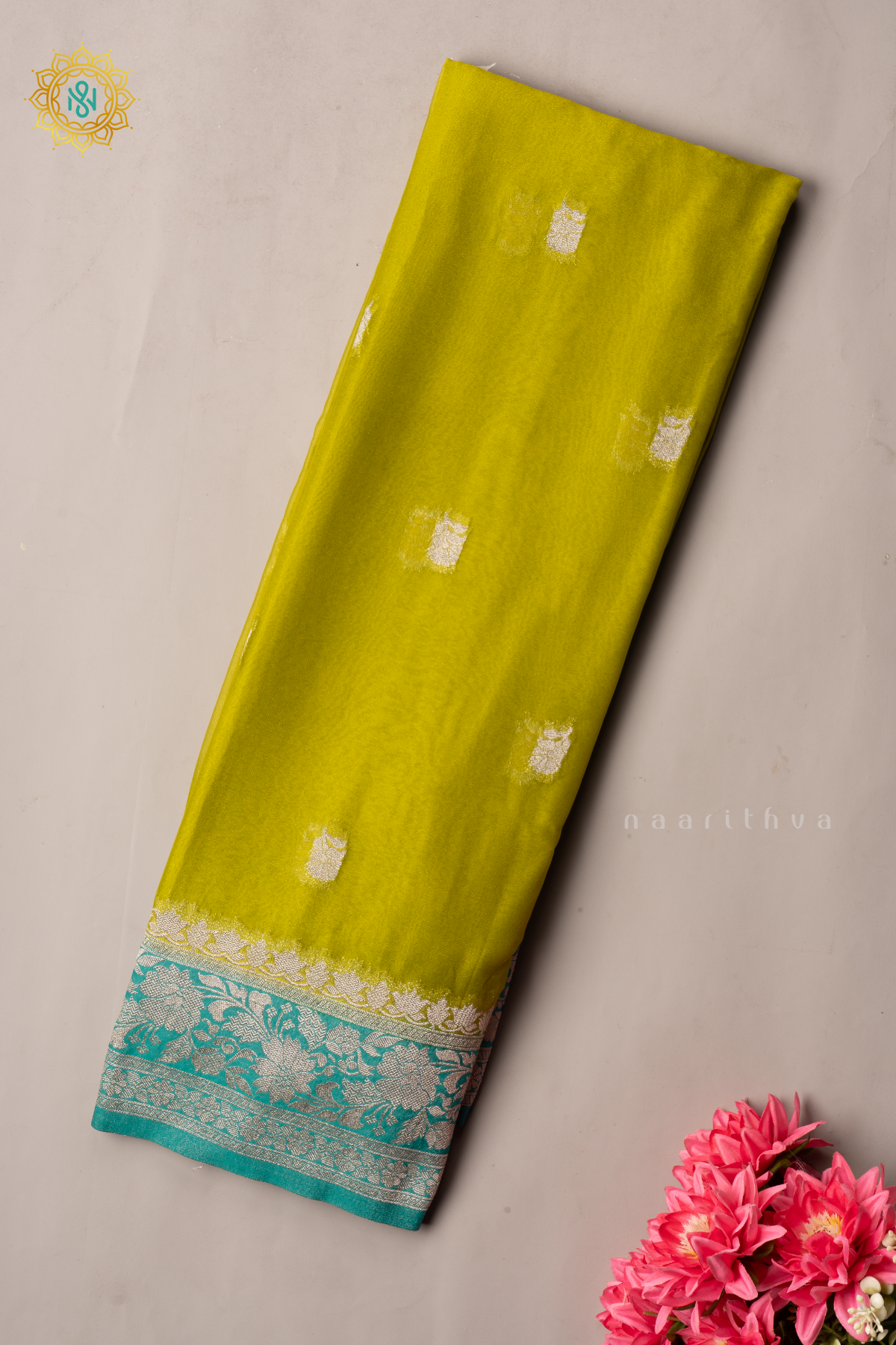 PARROT GREEN WITH CYAN GREEN - SEMI CHIFFON BANARASI