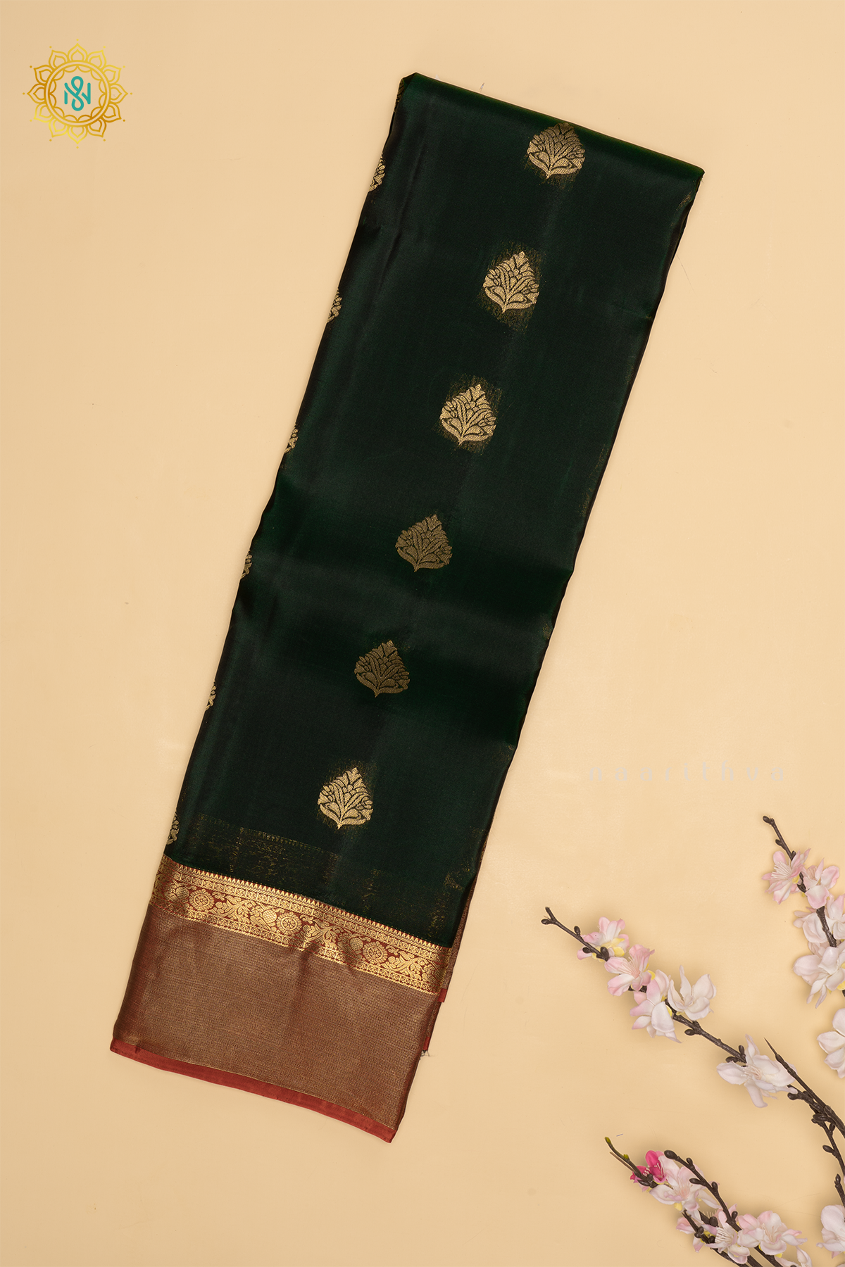 Bottle Green With Orange Pure Mix Kanjivaram Silk Saree with Zari Woven Buttas and Contrast Zari Woven Border With Contrast Pallu & Blouse