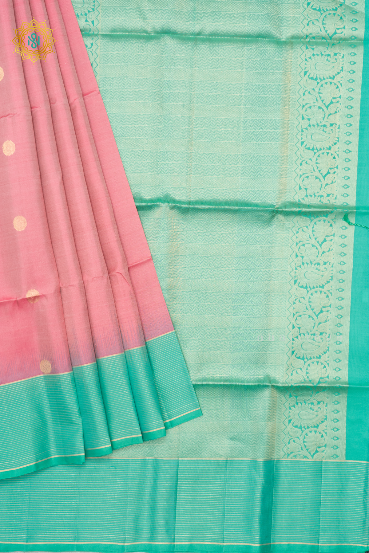 LIGHT PINK WITH AQUA GREEN - PURE KANJIVARAM SOFT SILK