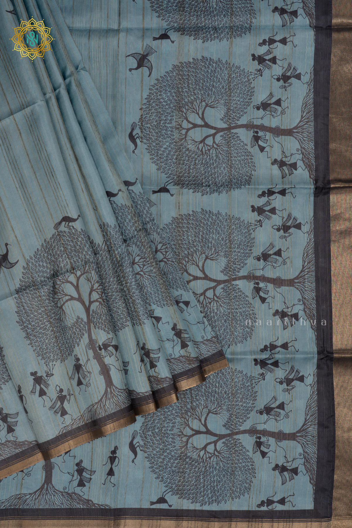 Blue Semi Tussar Silk Saree With Printed Body And Contrast Border