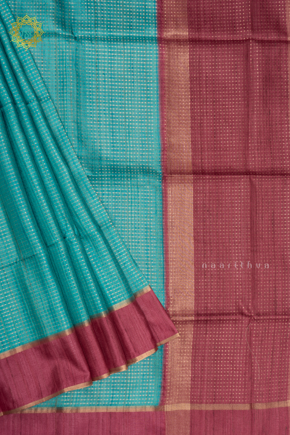 AQUA BLUE WITH MAGENTA - SEMI TUSSAR SILK