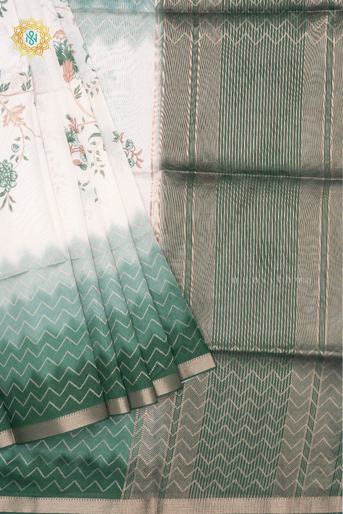 OFFWHITE WITH BOTTEL GREEN - SEMI TUSSAR