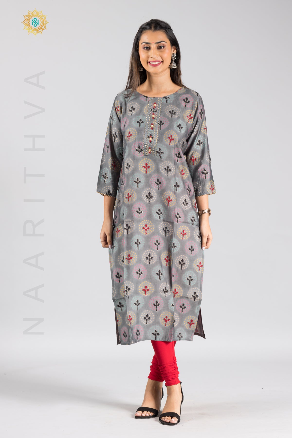 GREY - MODAL SILK CASUAL PRINTED STRAIGHT CUT KURTI WITH NECK EMBROIDERY