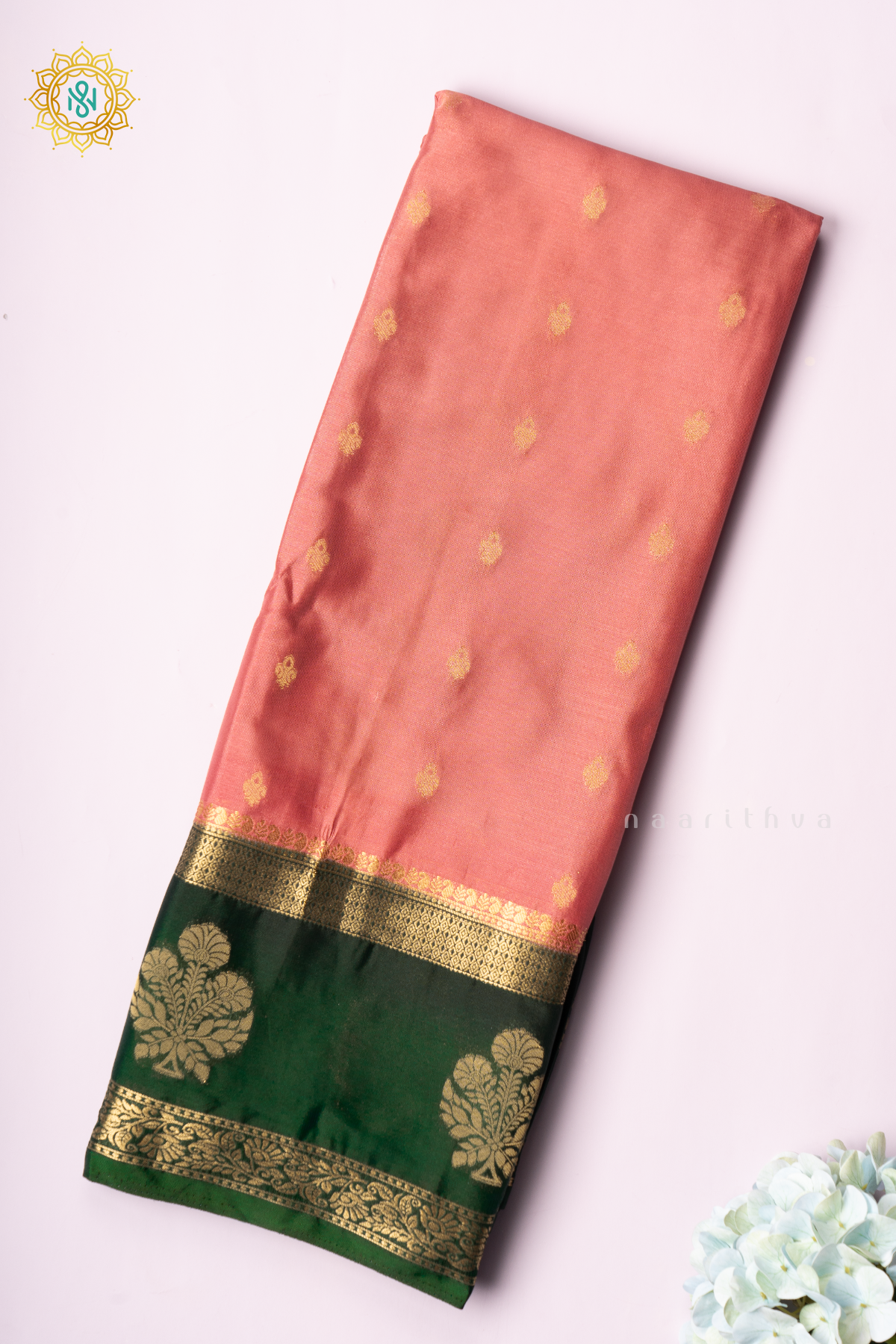 PEACH WITH BOTTLE GREEN - SEMI MYSORE CREPE SILK