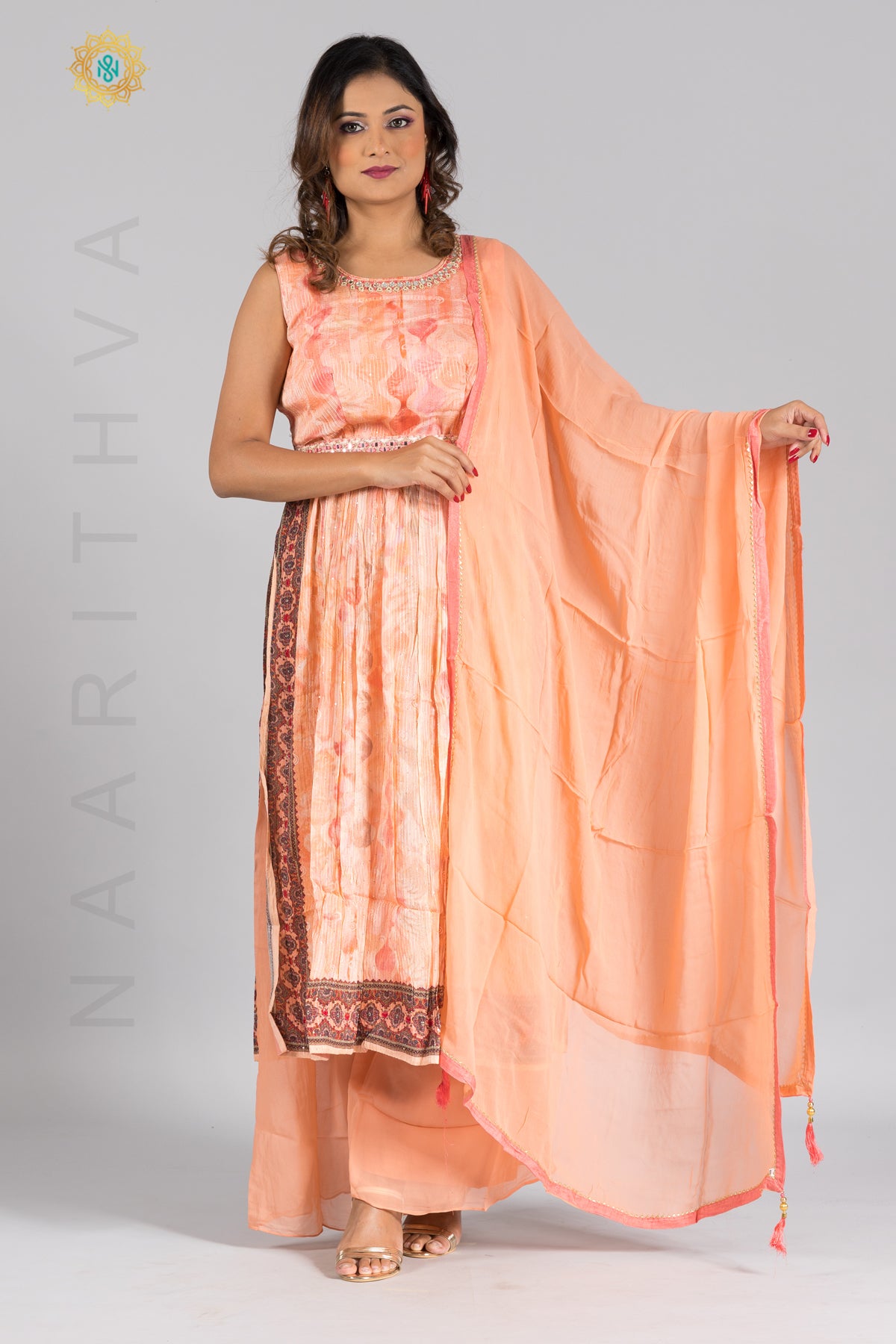 PEACH - PRINTED NAYRA CUT SALWAR SUIT WITH PALAZZO PANT & DUPATTA