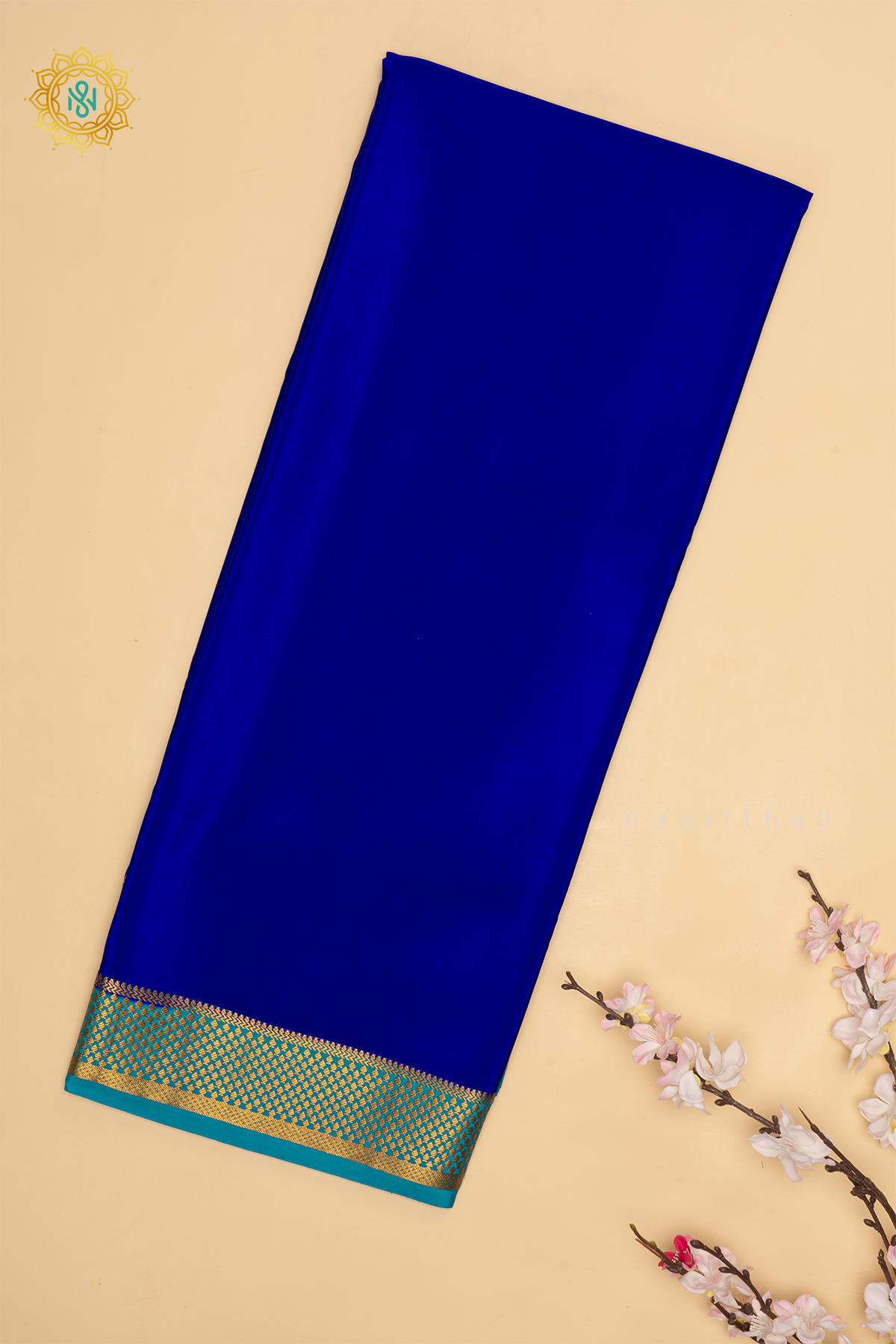 ROYAL BLUE WITH SKY BLUE - PURE MYSORE CREPE SILK SAREE