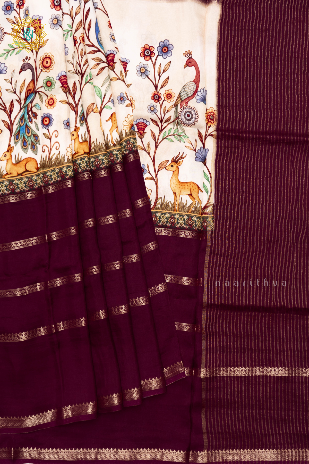 DEEP WINE WITH OFF WHITE - SEMI CREPE SILK