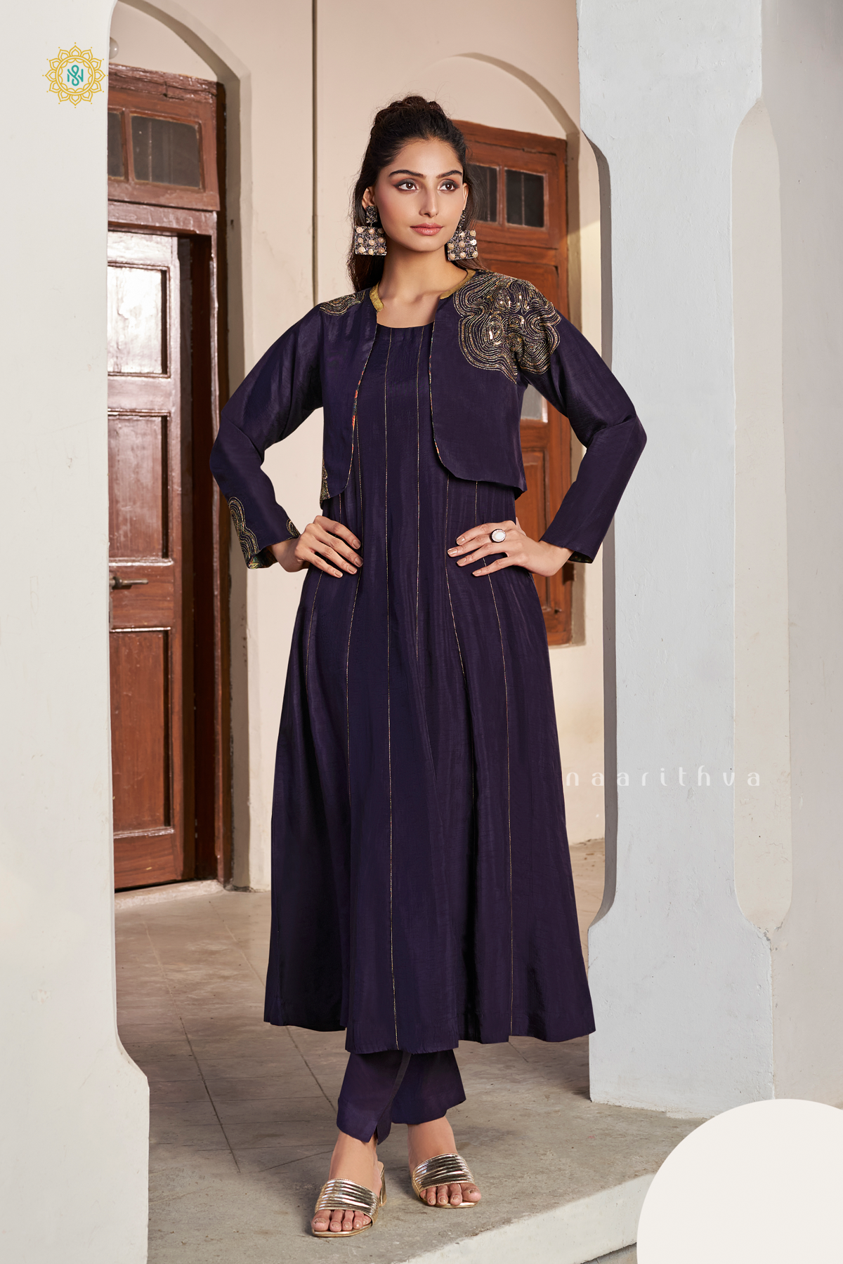 NAVY BLUE - SILK 3PC SALWAR SUIT WITH TOP, BOTTOM & COURT