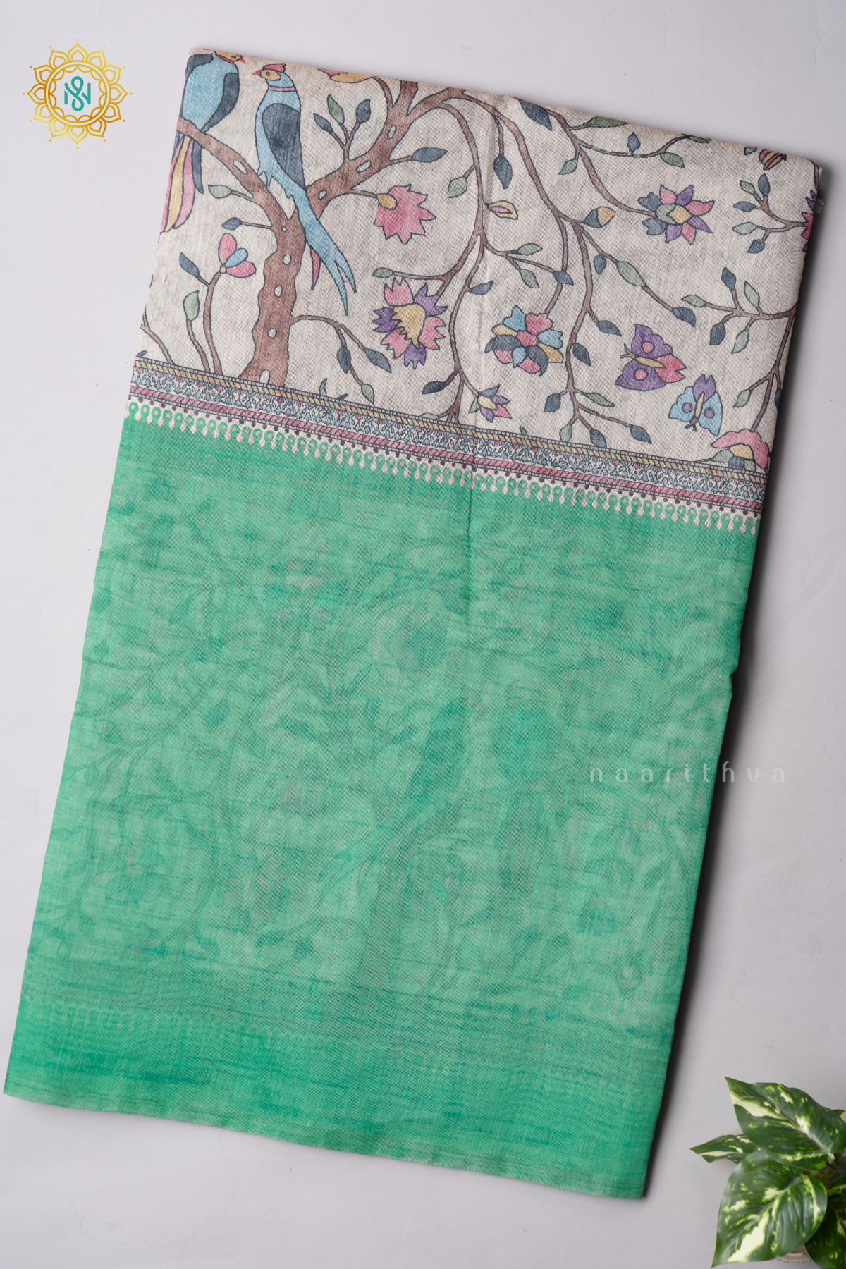 GREEN WITH OFF WHITE - CHANDERI COTTON
