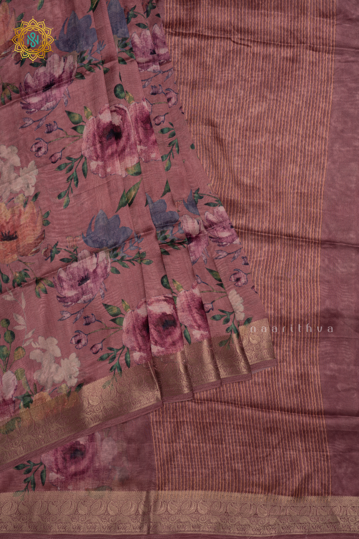 Pinkish Lavender Organza Crepe Saree With Floral Prints On The Body And Zari Border