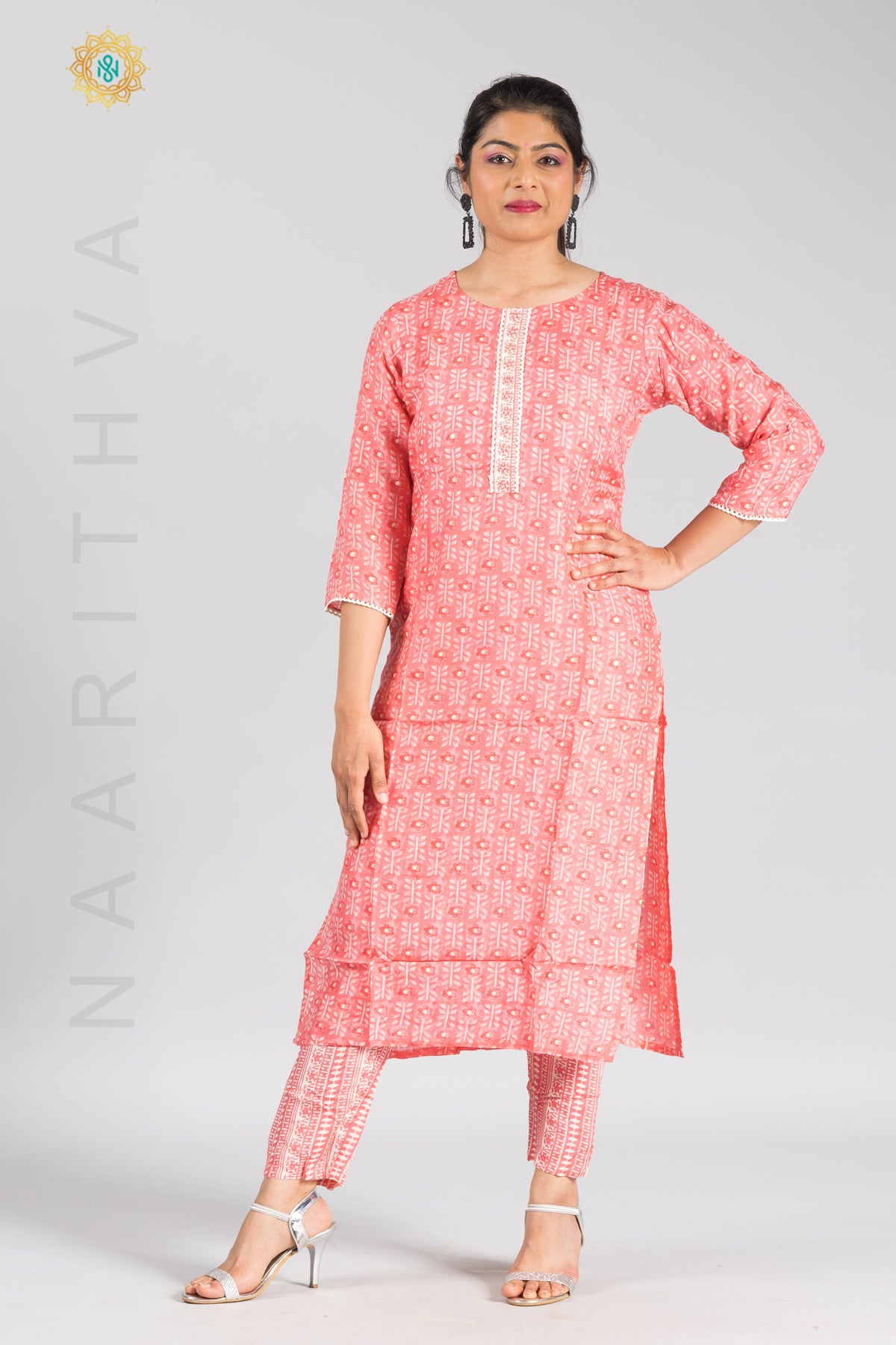 PEACH - PRINTED STRAIGHT CUT KURTI & BOTTOM SUIT