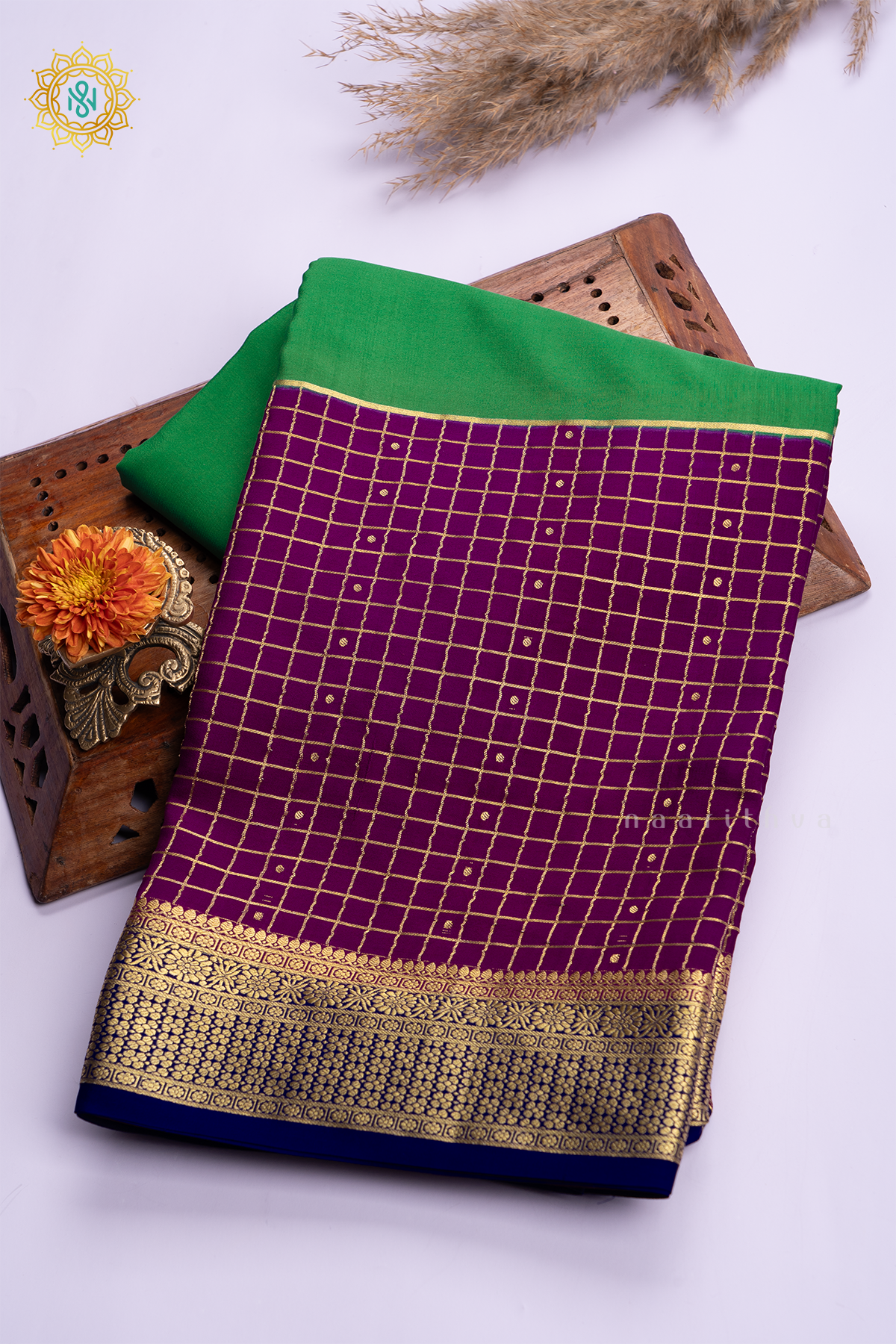GREEN WITH PURPLE & BLUE - PURE MYSORE CREPE SILK