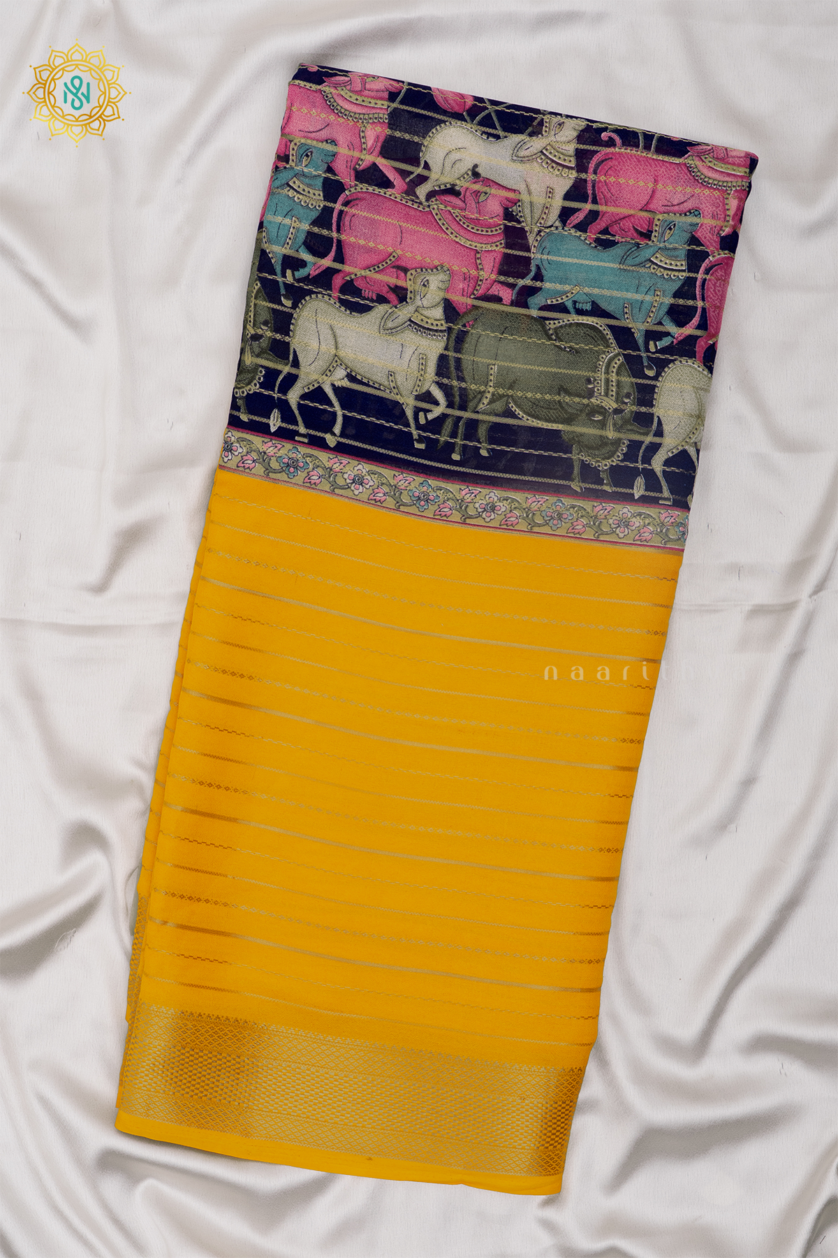 NAVY BLUE WITH YELLOW - SEMI GEORGETTE