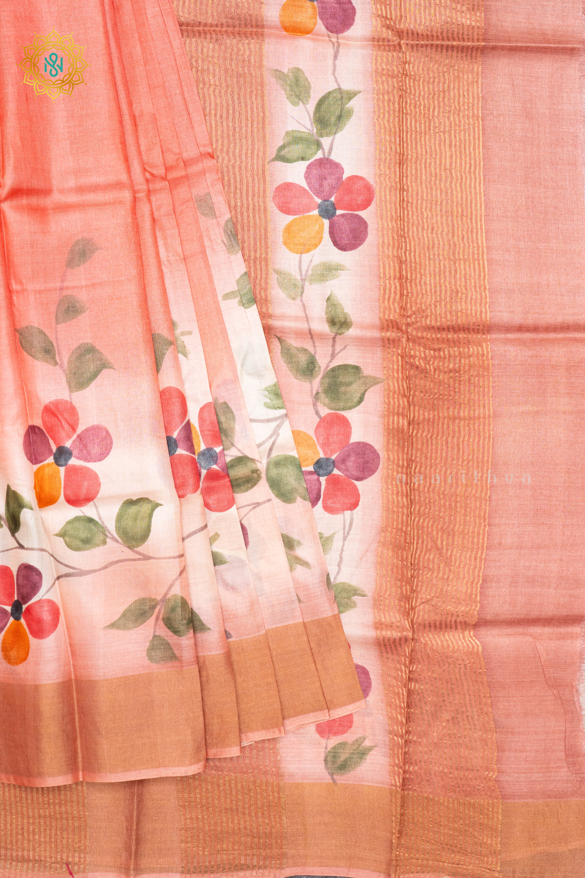 PEACHISH RED - PURE TUSSAR SILK WITH HAND PAINTED