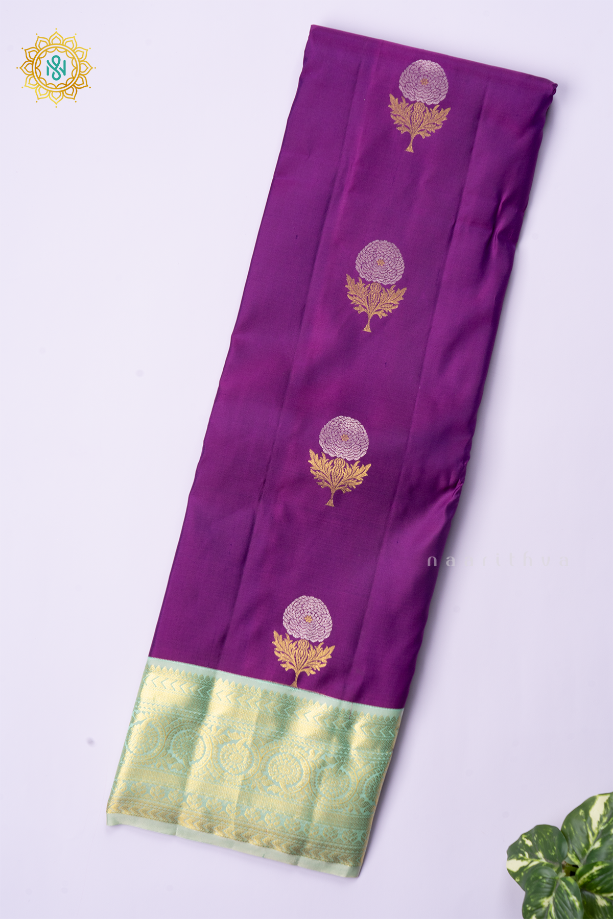 PURPLE WITH AQUA GREEN - PURE KANJIVARAM SILK