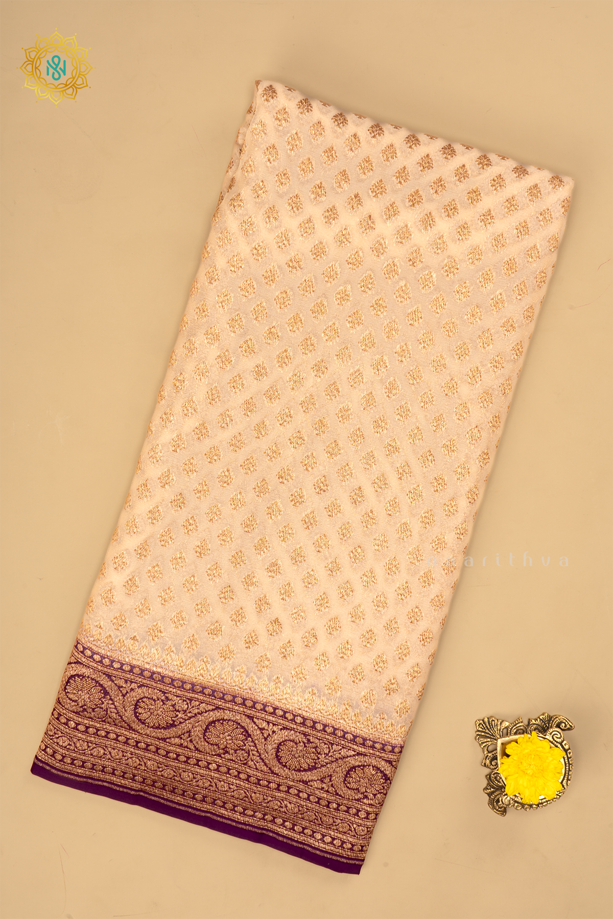 OFF WHITE WITH PURPLE - PURE BANARASI KHADDI GEORGETTE SAREE ALLOVER ZARI WOVEN BUTTAS AND CONTRAST ZARI WOVEN BORDER