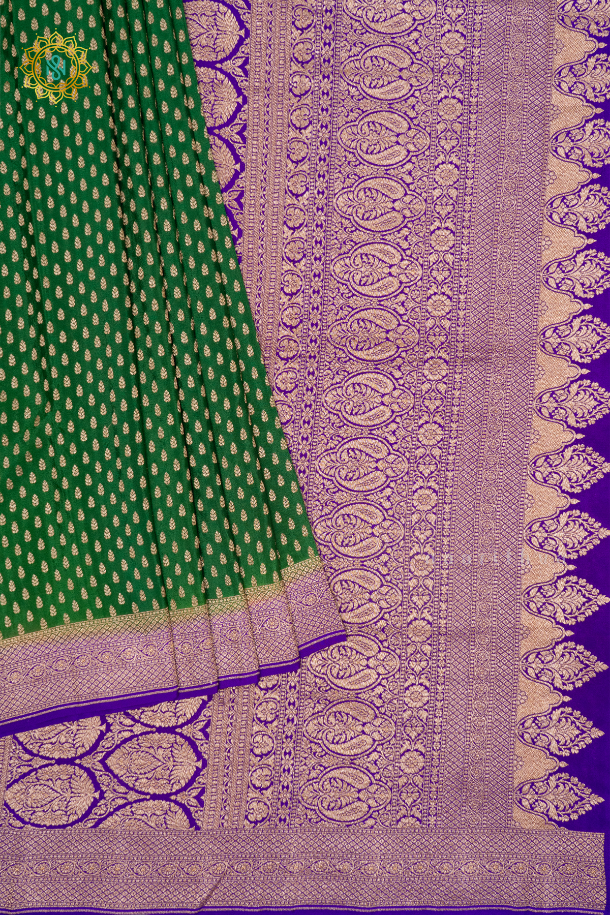 GREEN WITH PURPLE - PURE BANARASI CREPE SILK