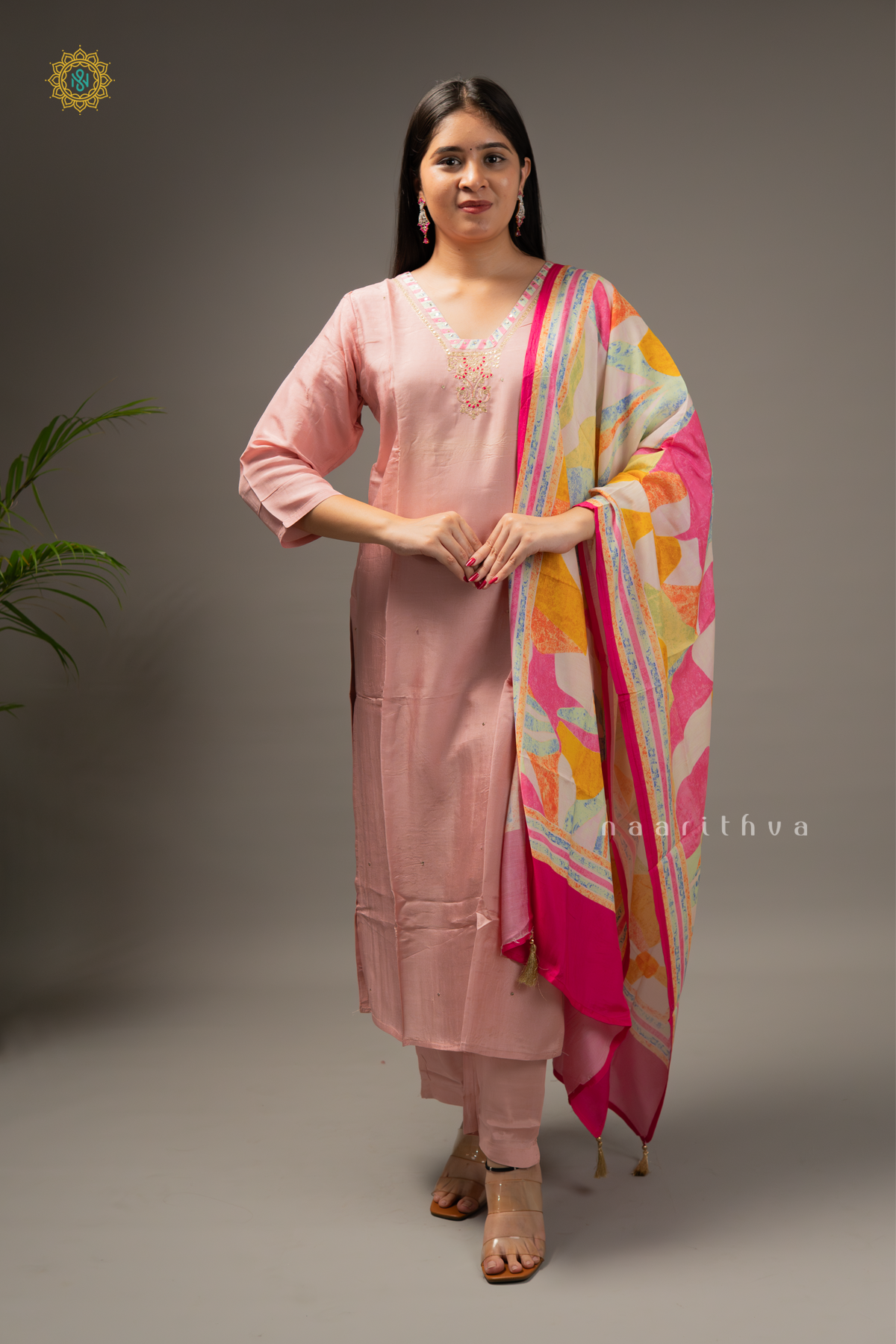 PEACH WITH PINK - SILK 3PC SALWAR SUIT WITH TOP, BOTTOM & DUPATTA