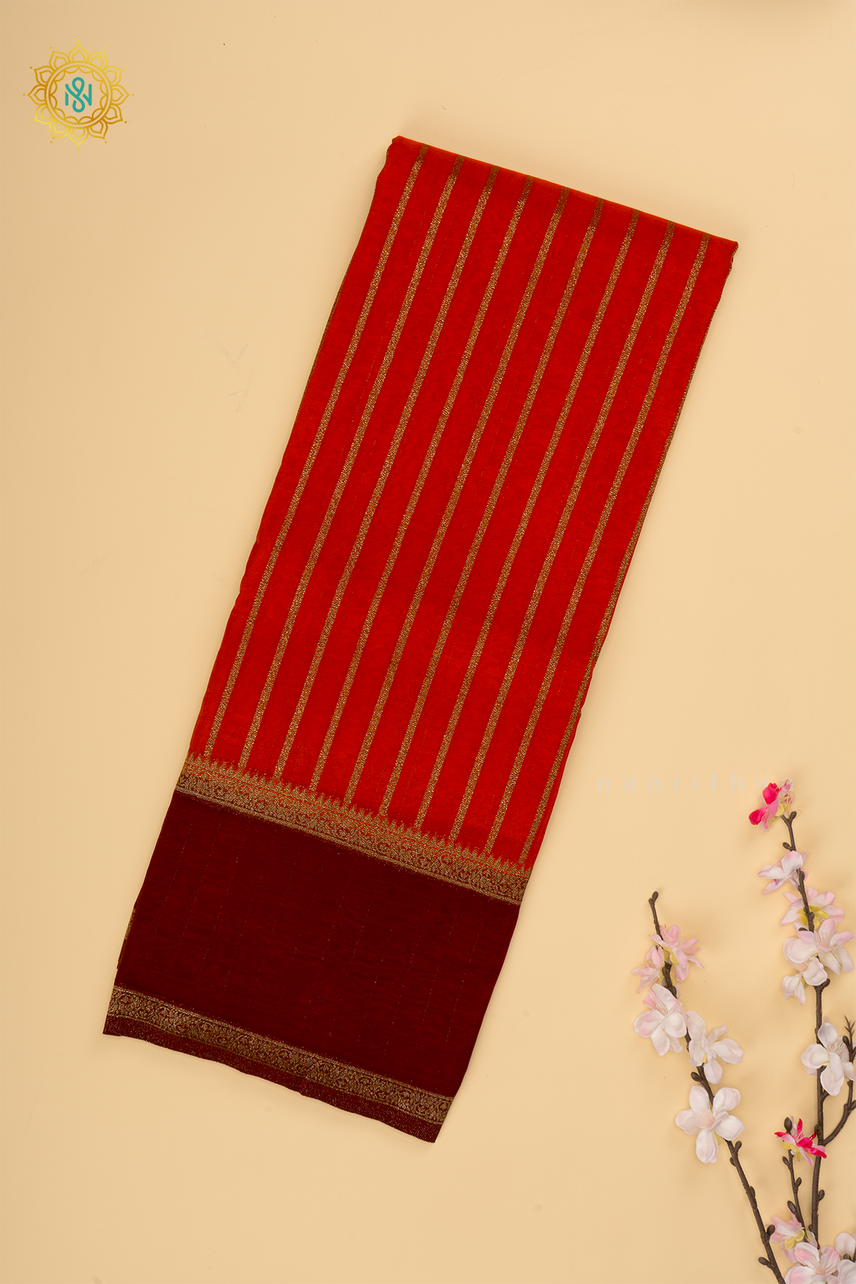 Orange with Wine Semi Chiffon Georgette Saree with Allover Zari Stripes and Zari Gap Border