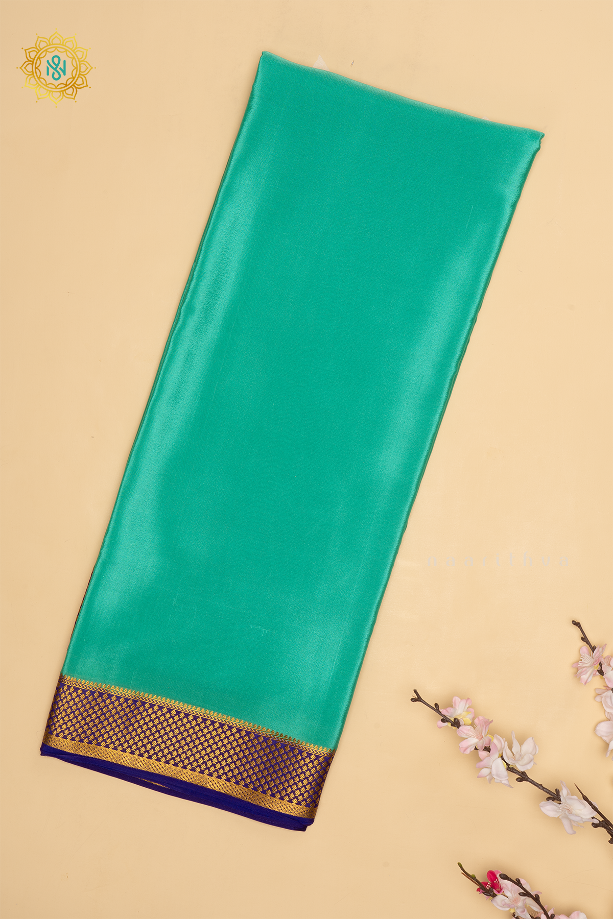 AQUA GREEN WITH PURPLE - PURE MYSORE CREPE SILK SAREE