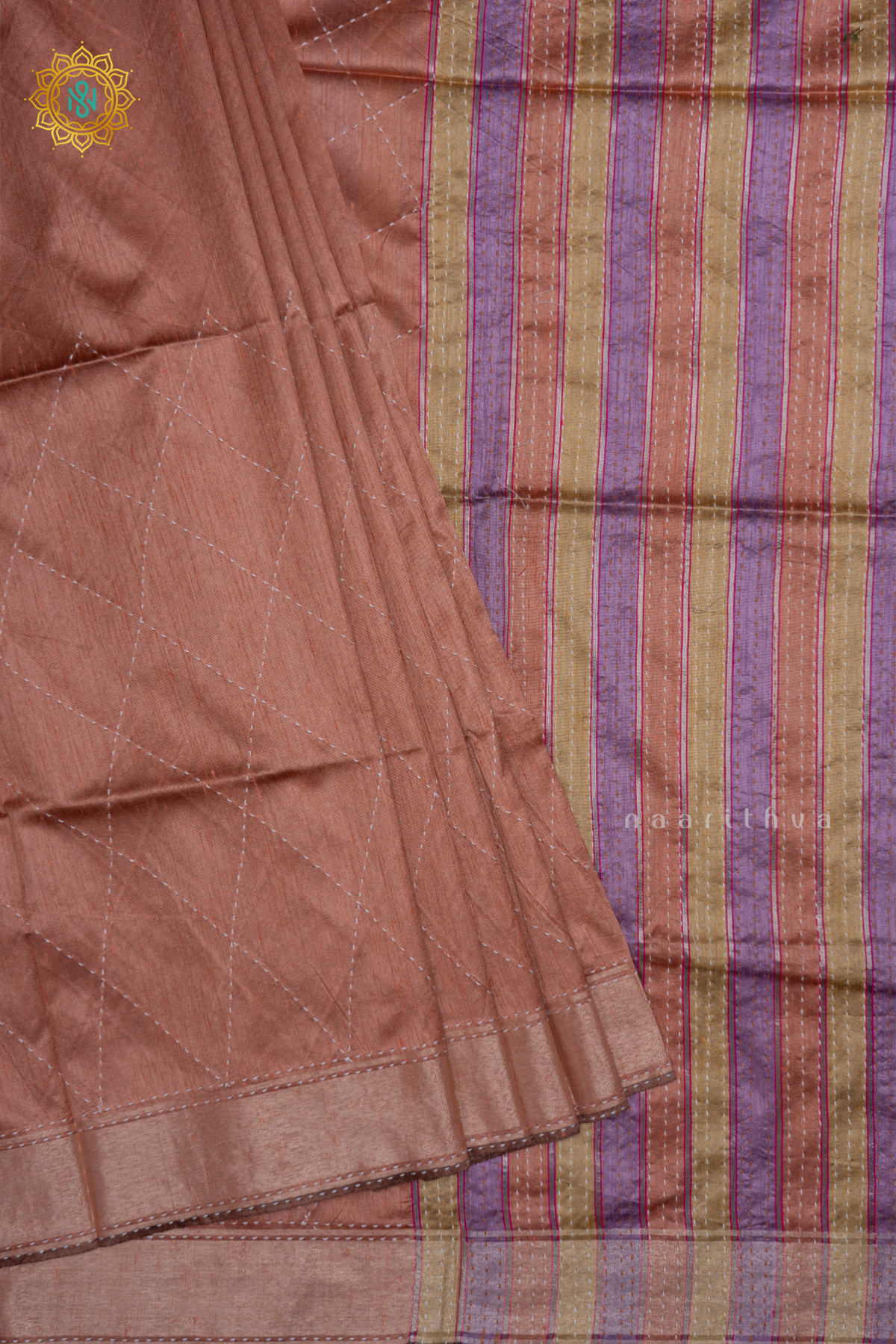Dark Peach Semi Tussar Silk Sarree With Rangkat Pallu & Blouse