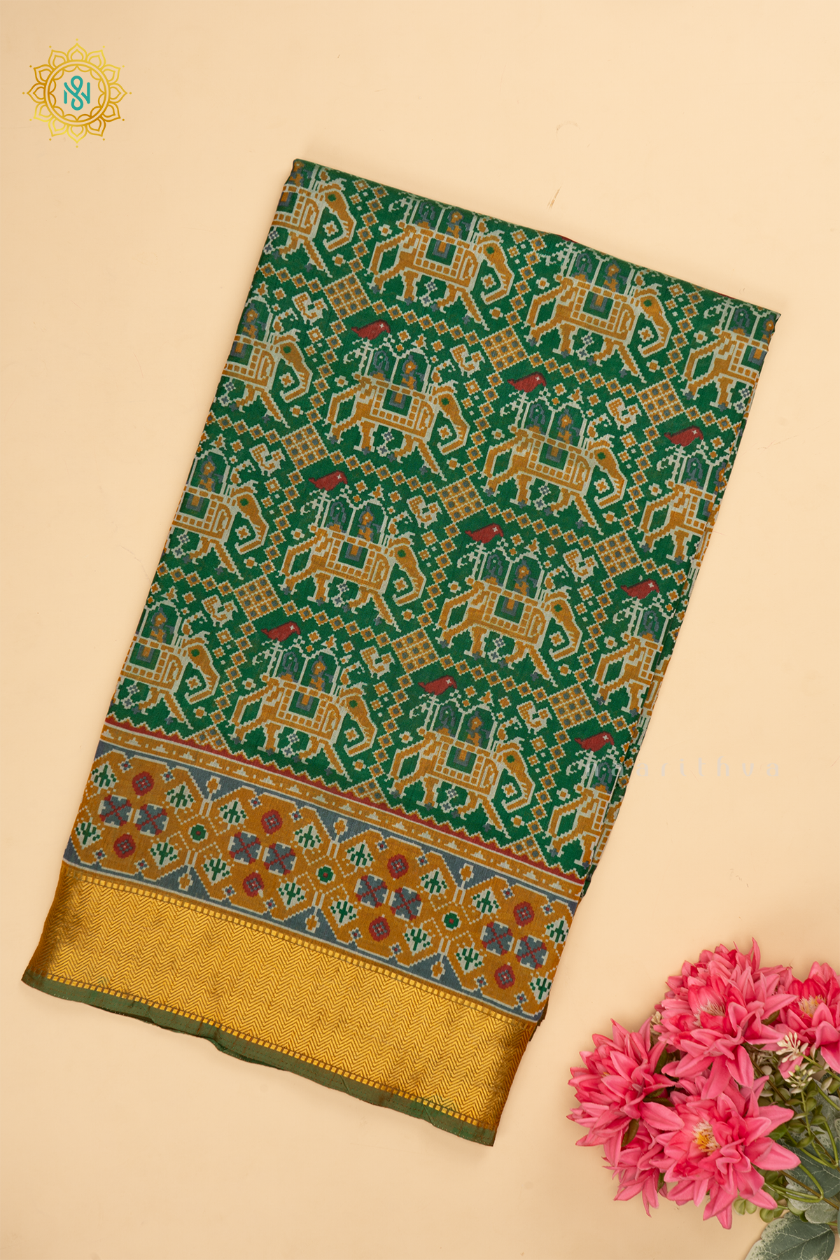 Green with Yellow - Semi Silk Saree Allover Patola Printed Body with Contrast Zari Border, Pallu and Blouse