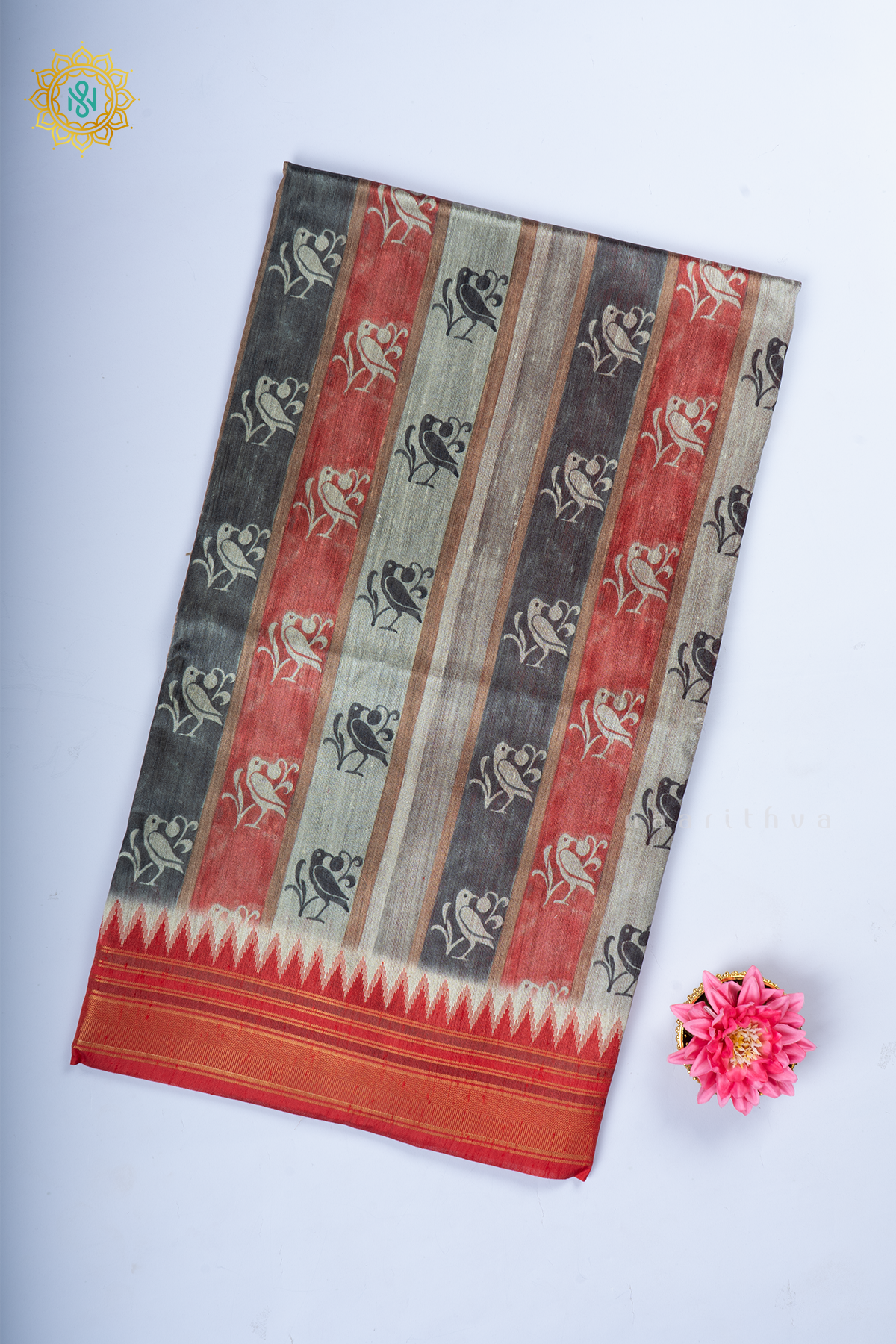 Black With Red Semi Tussar Silk With Printed Body With Zari Border & Pallu