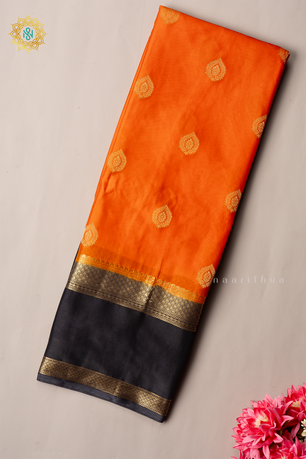 ORANGE WITH BLACK - SEMI MYSORE CREPE SILK