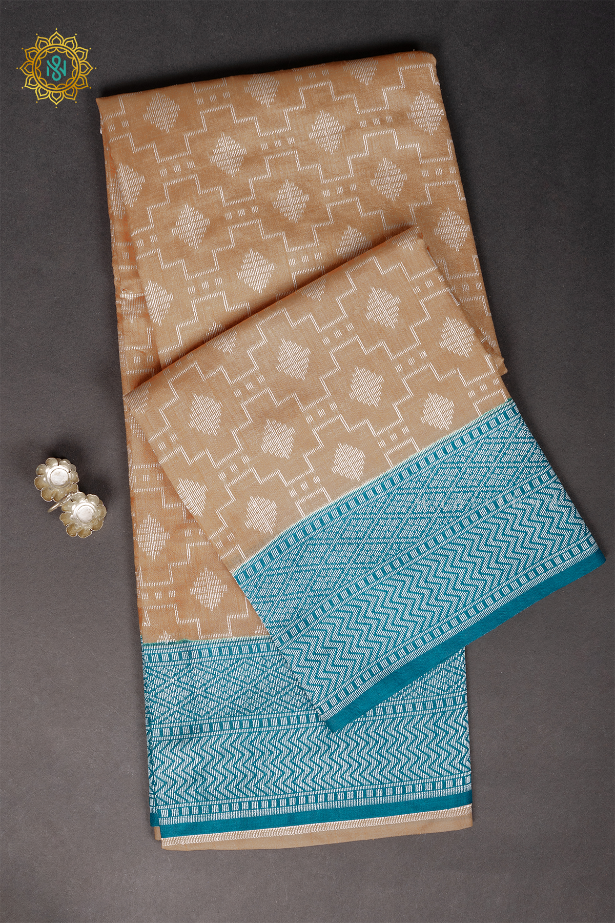 LIGHT BROWN WITH CYAN GREEN - JUTE COTTON