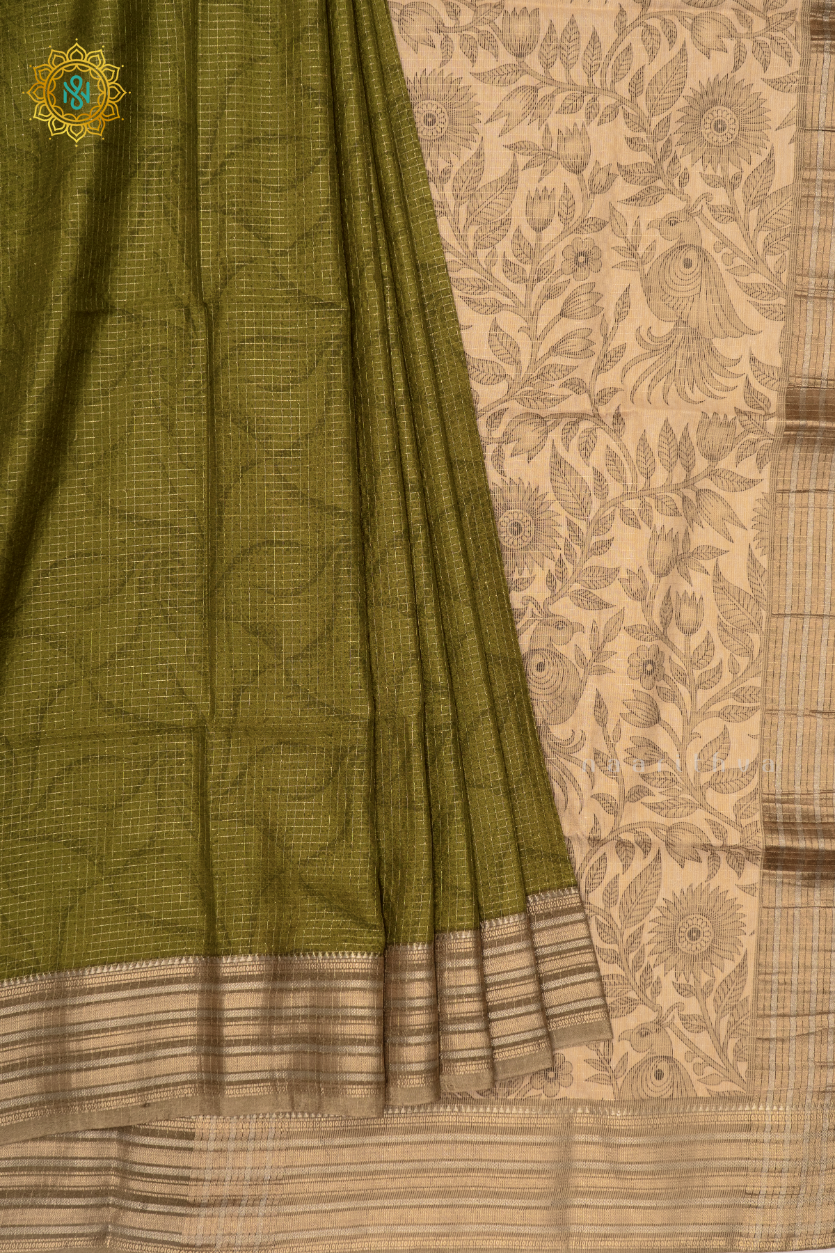 PARROT GREEN WITH BEIGE - SEMI CREPE SILK