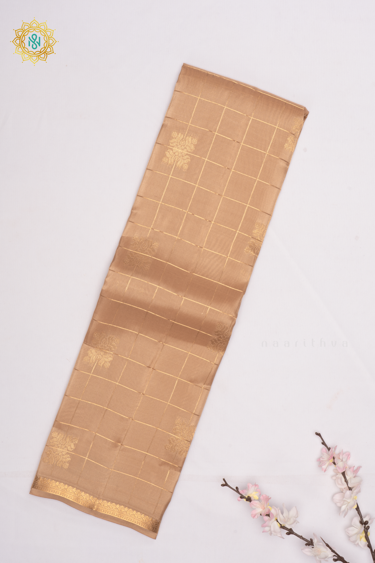 Beige Semi Kanchi Silk Saree with Zari Checks And Buttas All Over With Zari Border