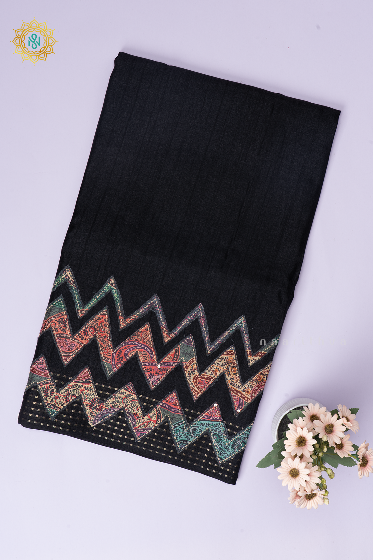 Black Semi Tussar Silk With Applique & Katha Work Saree