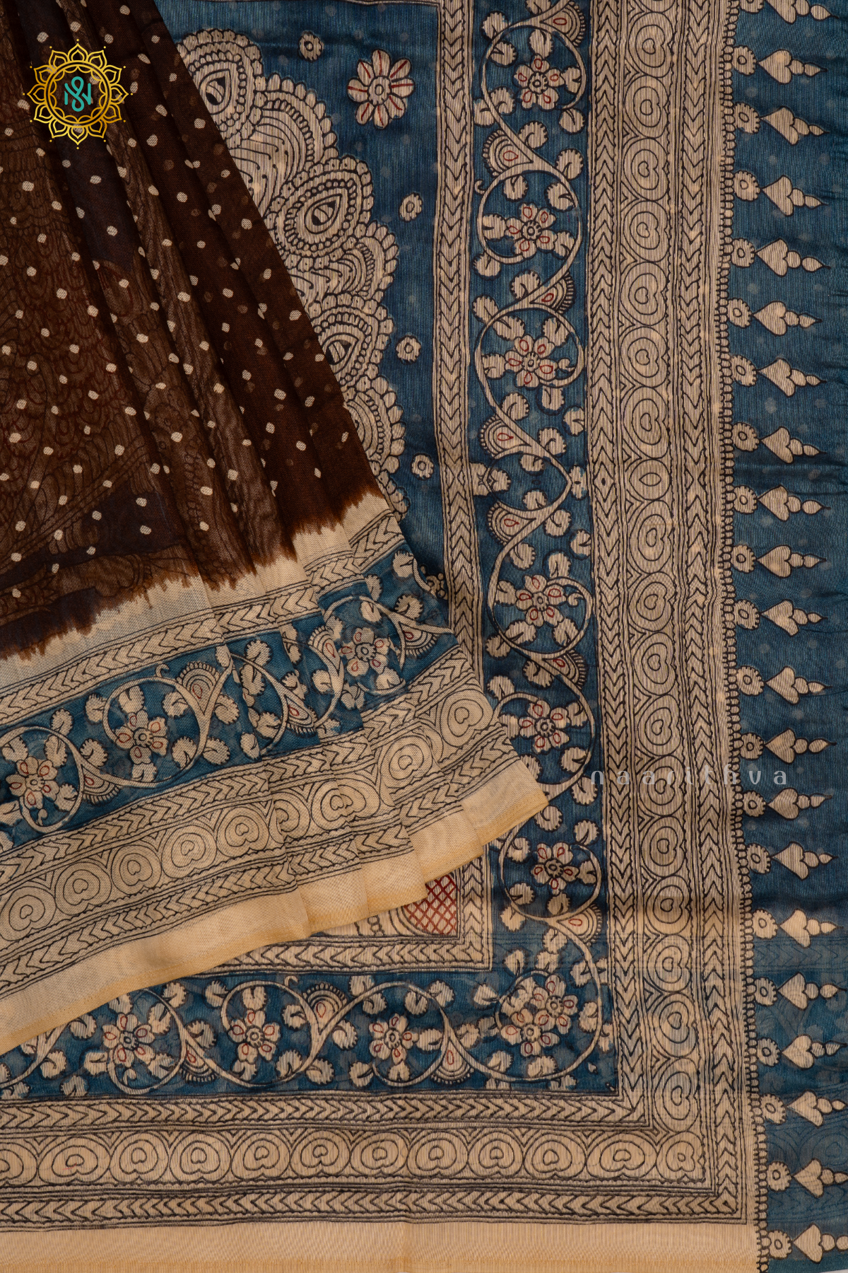 BROWN WITH BLUE AND OFF WHITE - LINEN BY COTTON