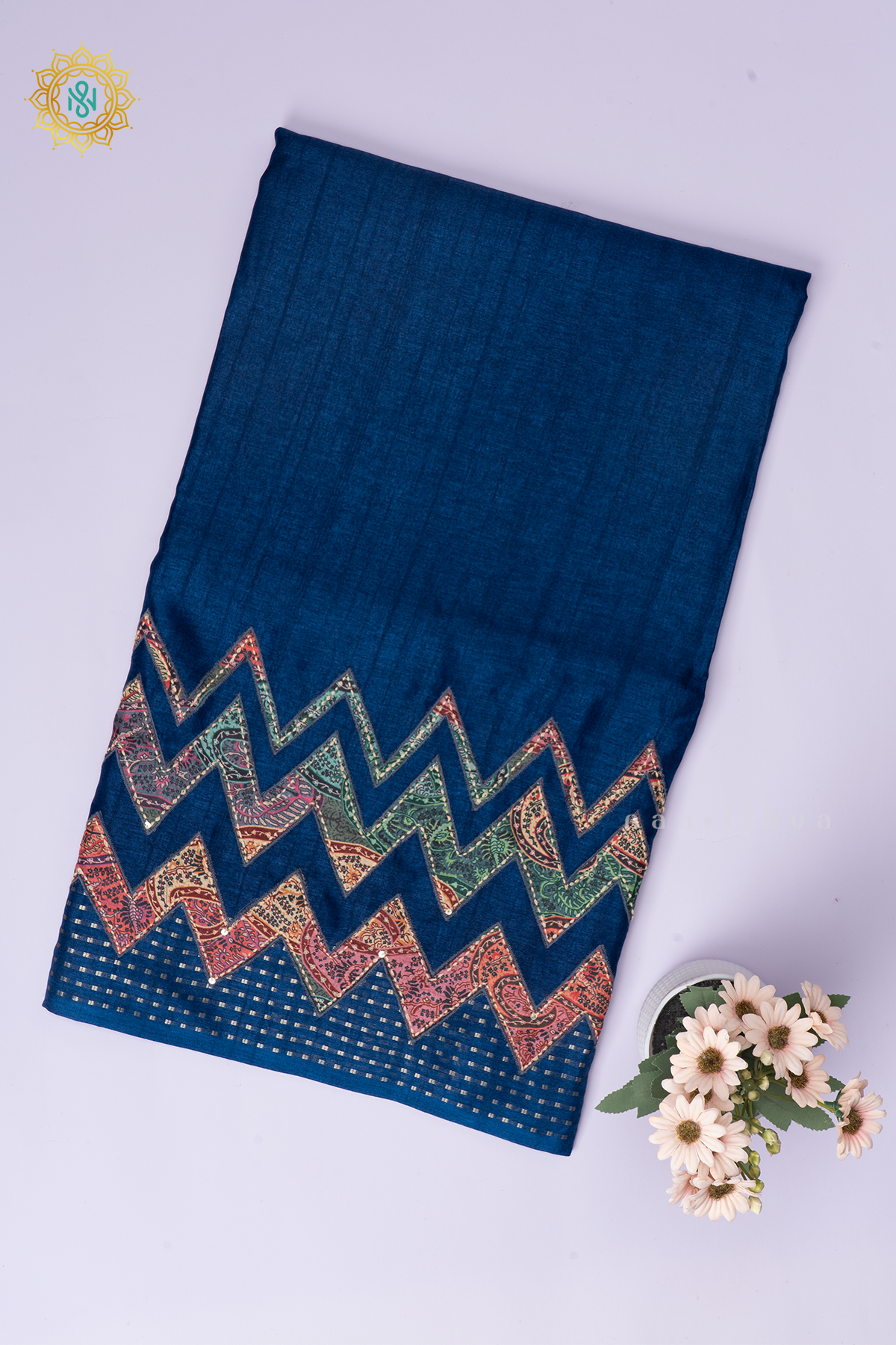 Blue Semi Tussar Silk With Applique & Katha Work Saree