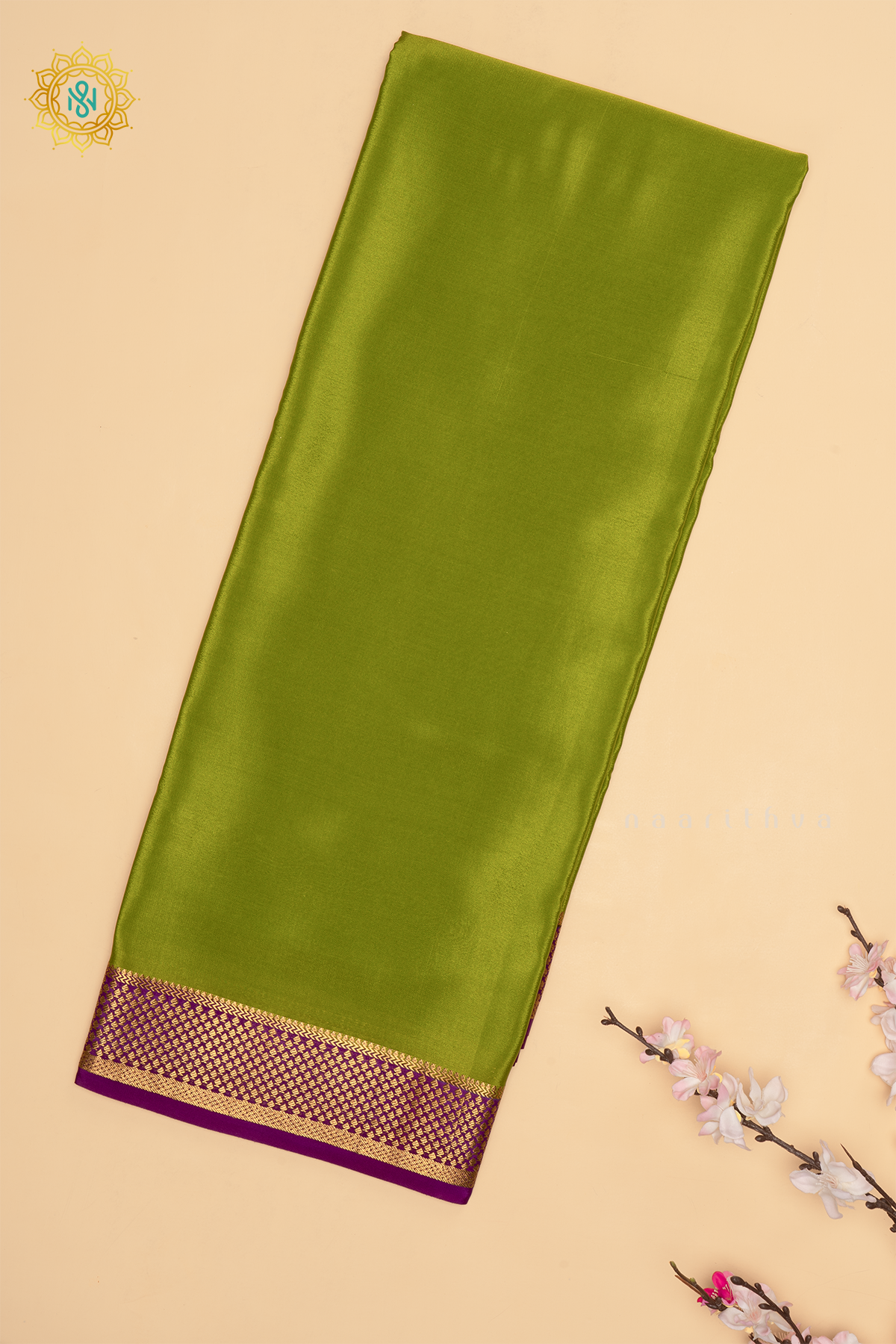 PARROT GREEN WITH PURPLE - PURE MYSORE CREPE SILK SAREE