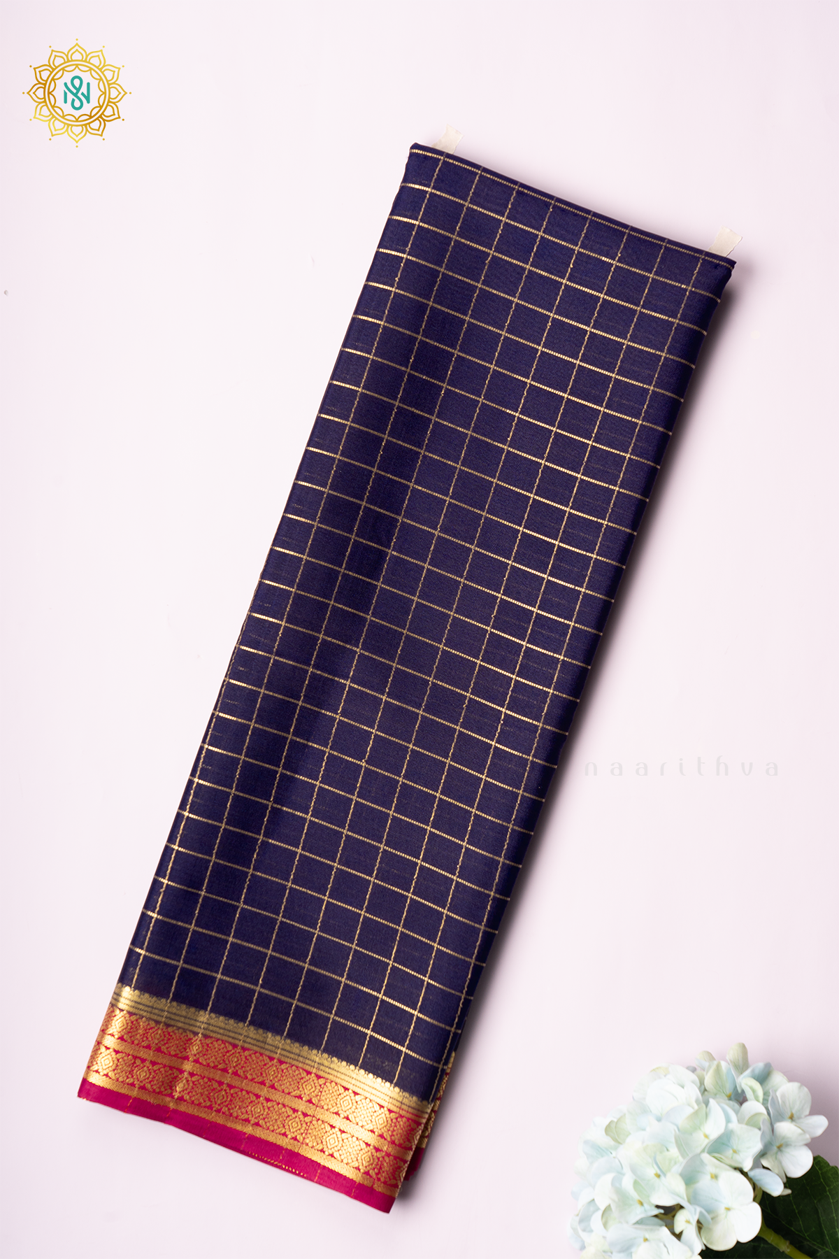 NAVY BLUE WITH PINK - PURE MYSORE CREPE SILK