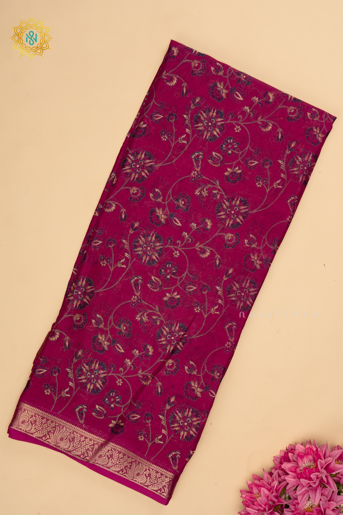 Pink Semi Georgette Saree With Printed Body And Zari Border