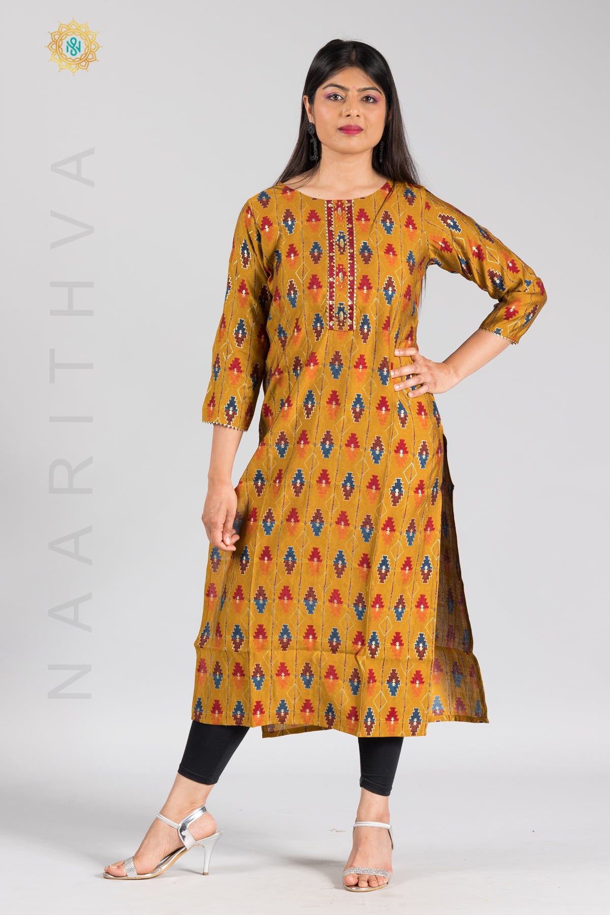 MUSTARD - MODAL SILK CASUAL PRINTED STRAIGHT CUT KURTI WITH NECK EMBROIDERY