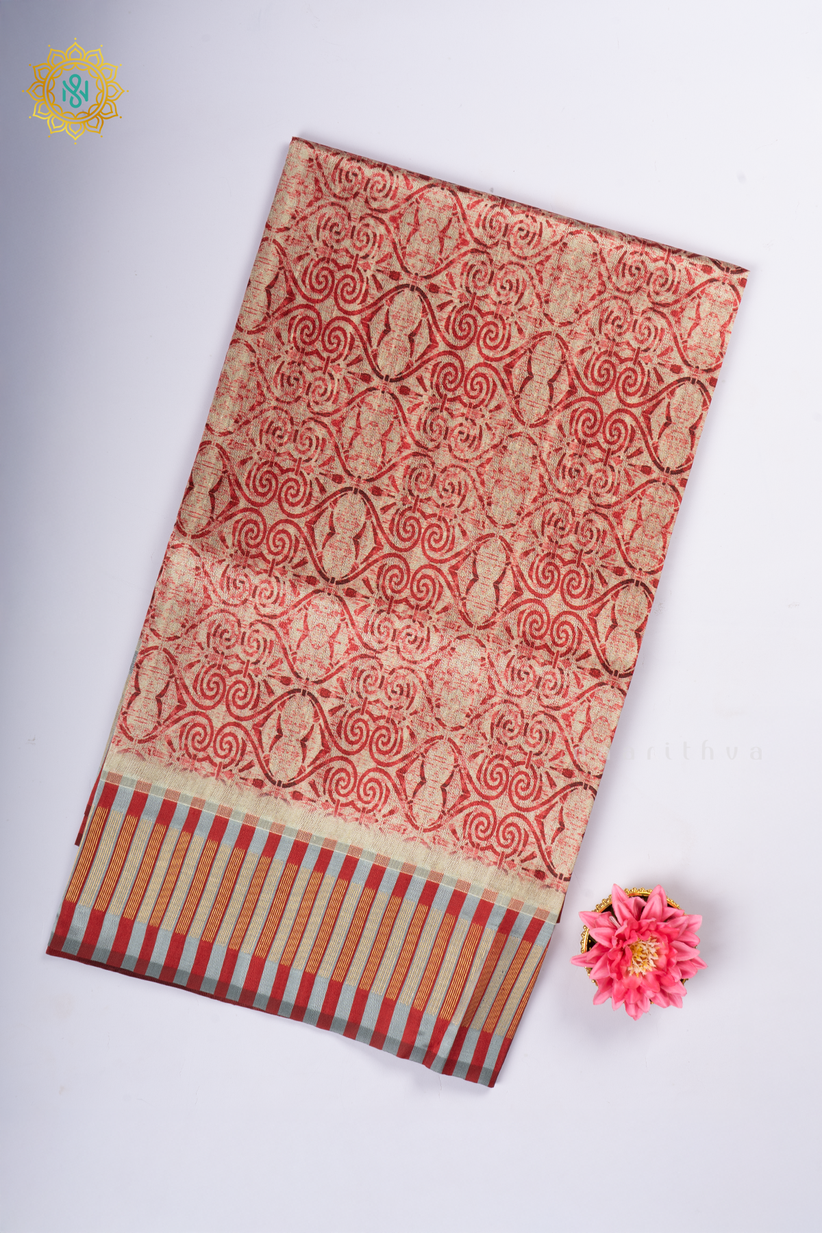 Beige With Red Semi Tussar Silk With Printed Body With Zari Border & Pallu