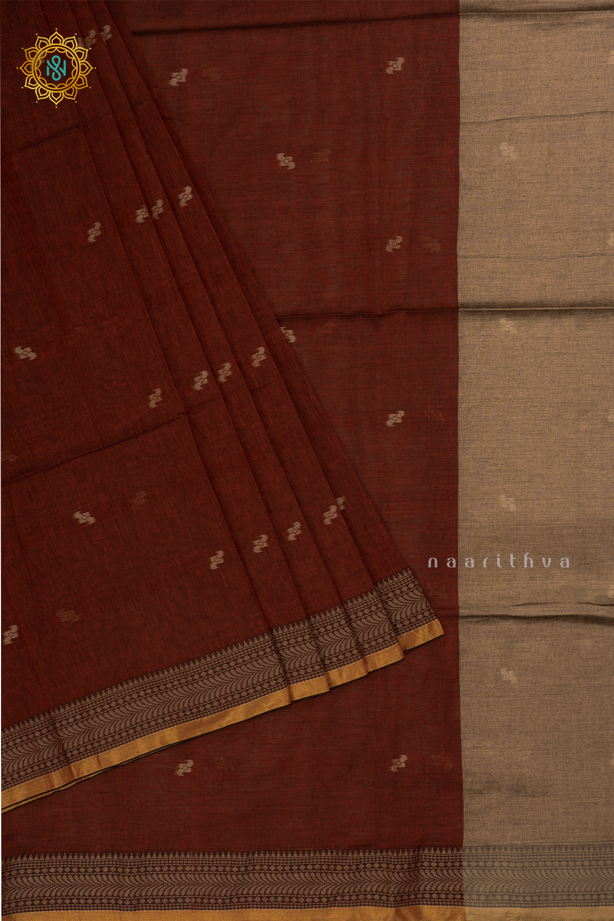 Brown Mul Cotton Saree Thread Woven Buttas On The Body With Thread and Zari Woven Border
