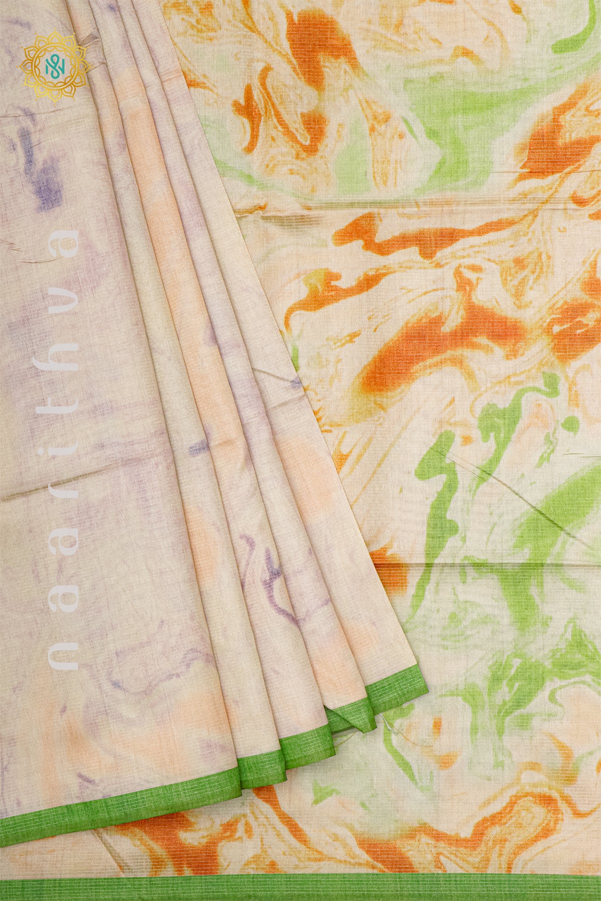 OFF WHITE WITH PARROT GREEN - SEMI TUSSAR SILK