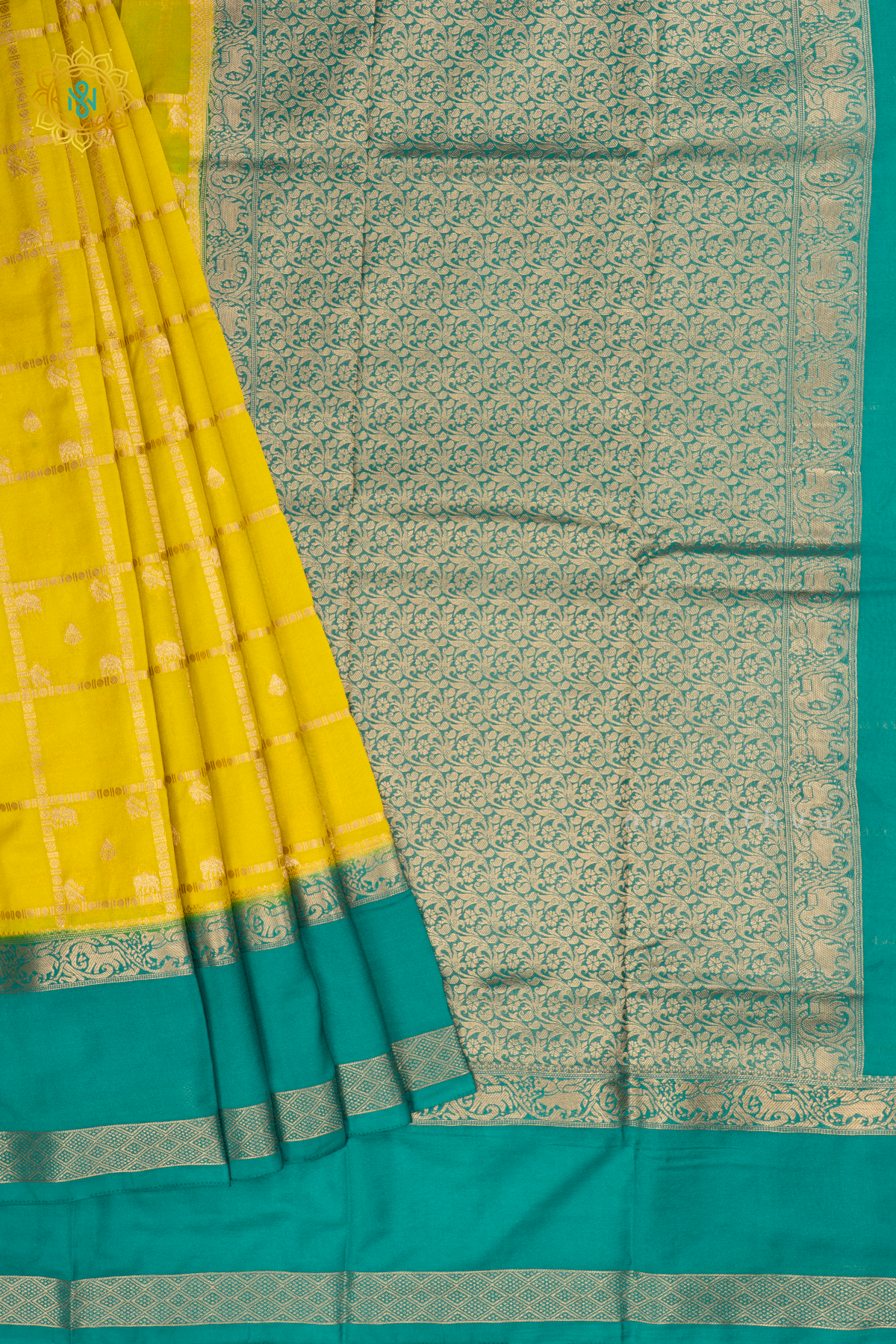 Yellow With Aqua Blue Semi Crepe Silk Saree All Over Zari Checks And Buttas With Contrast Zari Gap Border