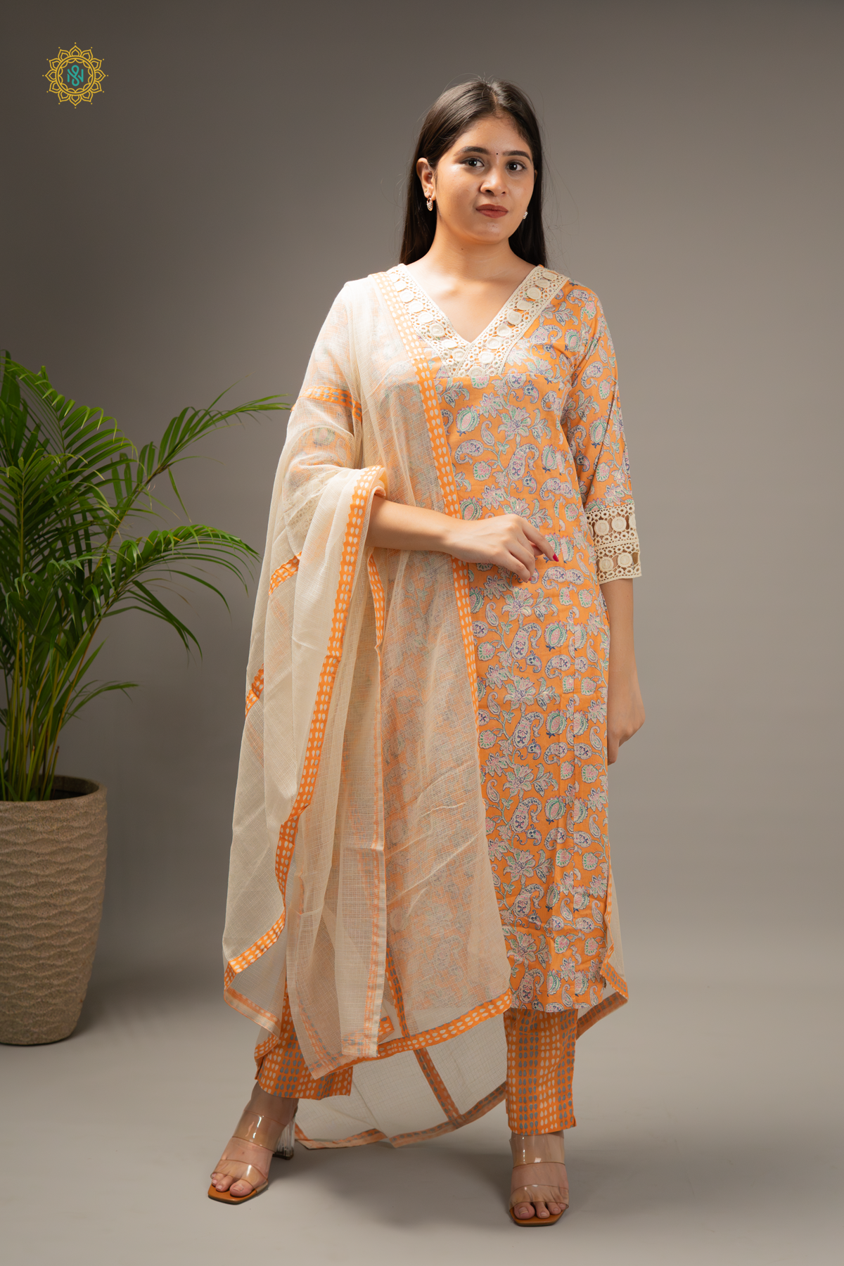 ORANGE - COTTON 3PC SALWAR SUIT WITH PRINTED TOP, BOTTOM & DUPATTA