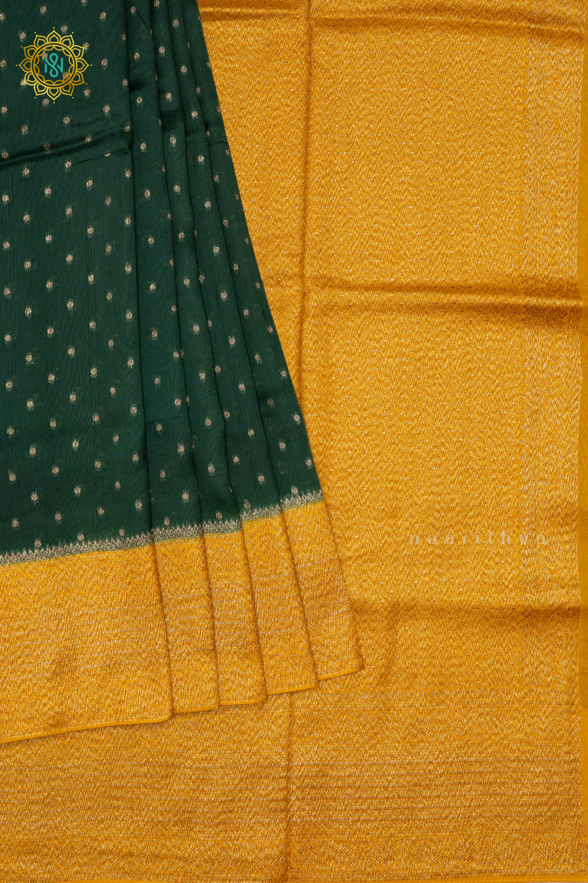 BOTTLE GREEN WITH YELLOW - SEMI BANRASI RAW SILK