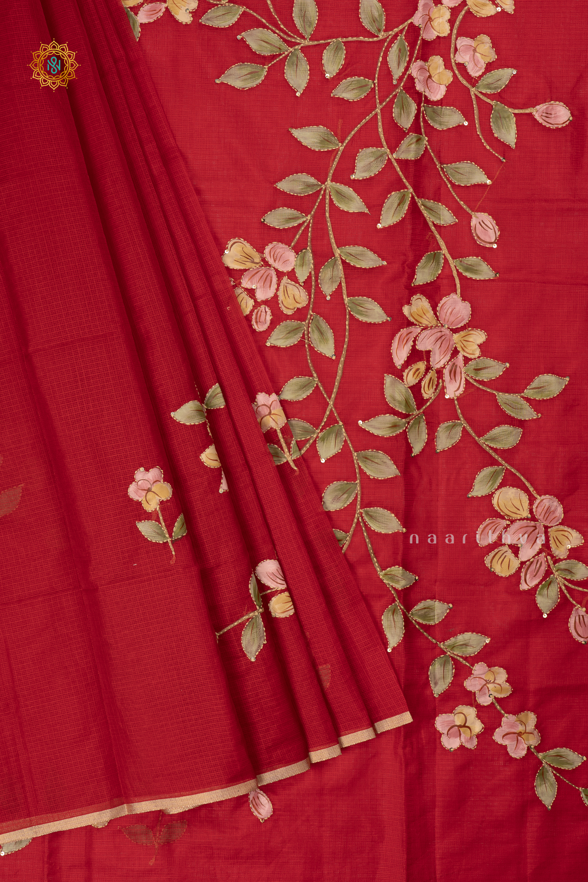 Red Kota Organza With Hand-Painted And Katha Work On The Body