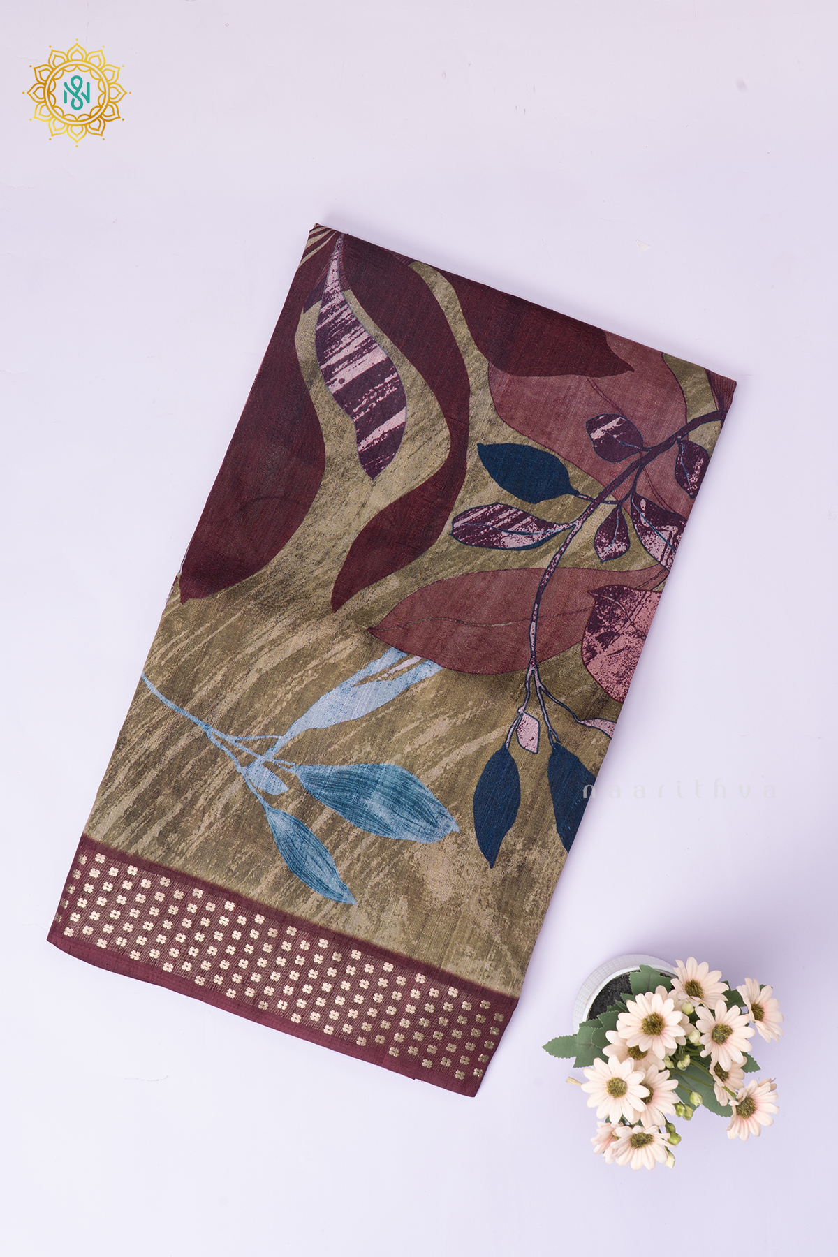 Olive Green With Maroon Semi Cotton Tussar Saree with Printed Body & Contrast Pallu